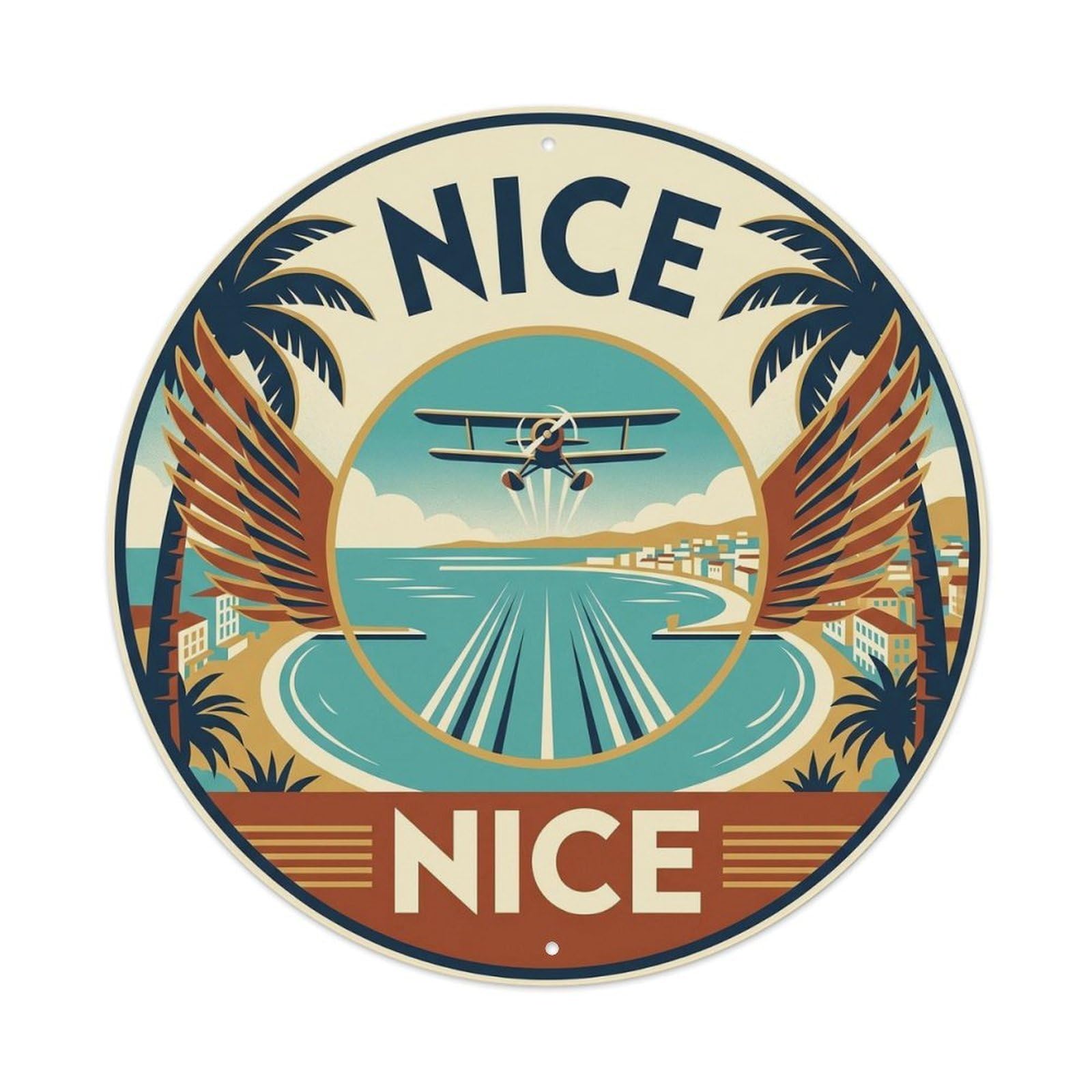 Seaplane Nice France Riviera Travel Deco Style Sunburst Metal Tin Sign Plaque Wall Decor for Cafe, Man Cave, Club Bar, Office, Home Garden Round Metal Poster 8x8Inch