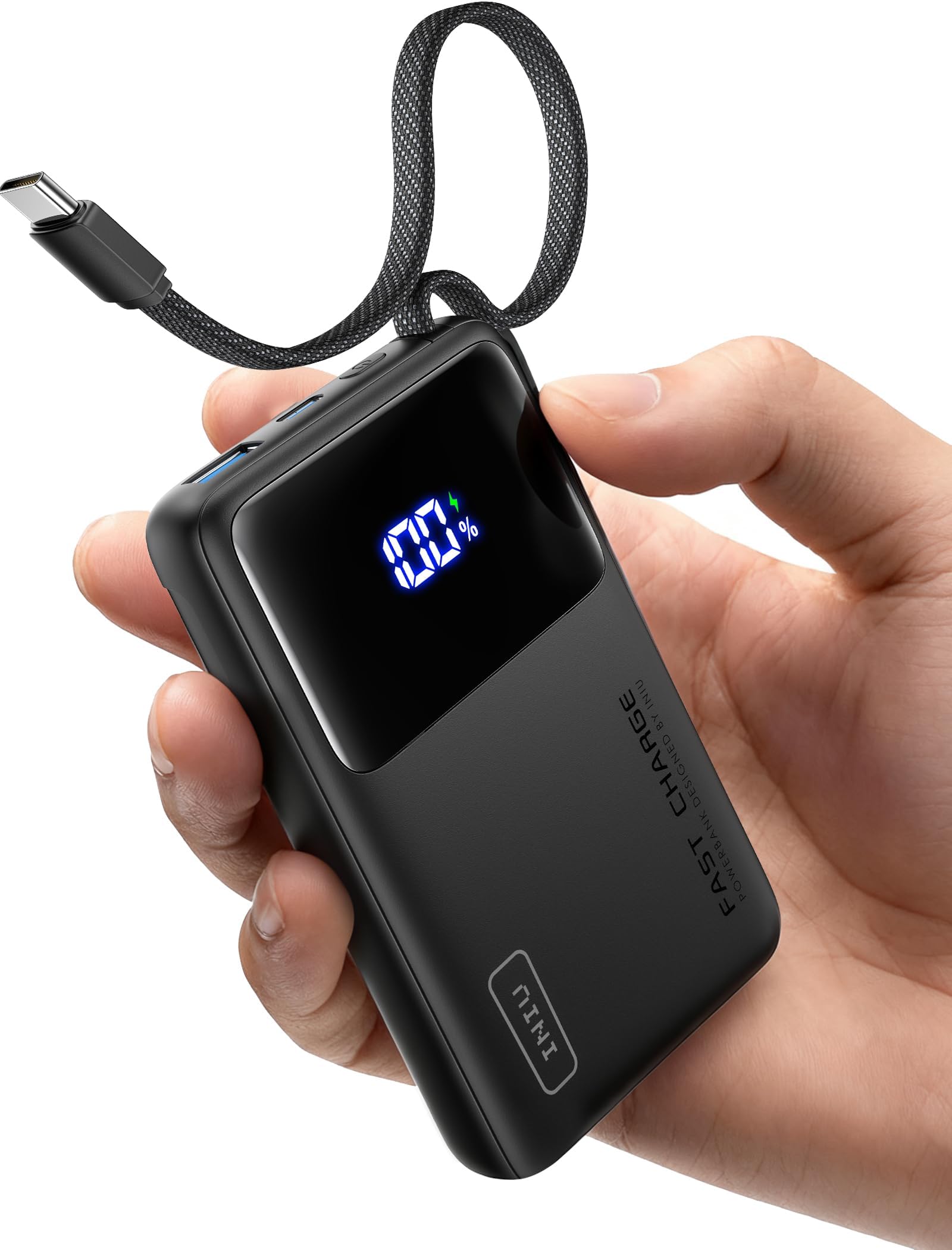 INIU 20W Power Bank, Slimmest 10000mAh Portable Charger with Build in USB C Cable, Fast Charging USB C in&Out Battery Pack, Travel External Phone Charger for iPhone 17 16 15 Samsung S24 S23 Google etc