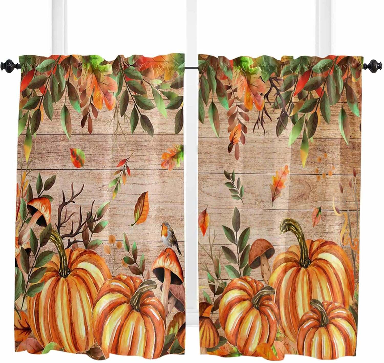 Orange Yellow Pumpkin Kitchen Curtains, Thanksgiving Botanical Wooden Leaves Fall Light Filter Window Curtain, 2Pcs Rod Pocket Window Treatments Set for Living Room Bathroom Bedroom 42x63 Inches
