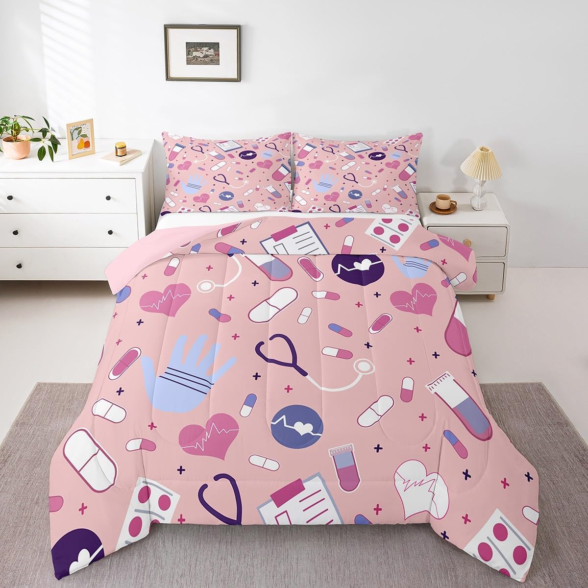 Castle Fairy Doctor Nurse Gift Comforter Set Queen Size Gifts Idea for Dentists Doctors Bedding Set Bedroom Decor Fashion Mint Green Quilt Set for Kids Boys Girls Doctor Gift Duvet Insert 3Pcs