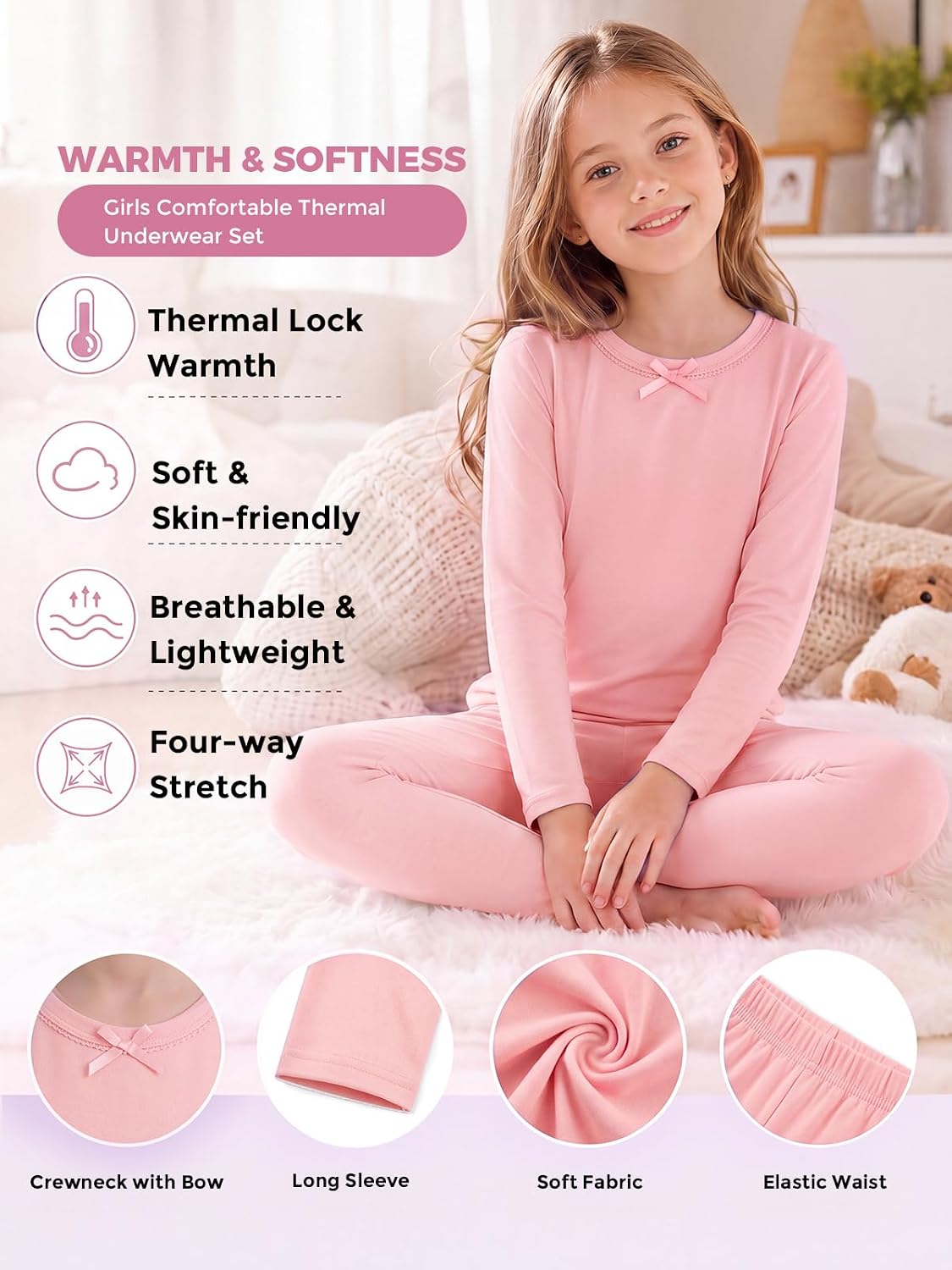 Haloumoning Girls Thermal Underwear Winter Base Layer Long Johns Sets 5-14Y