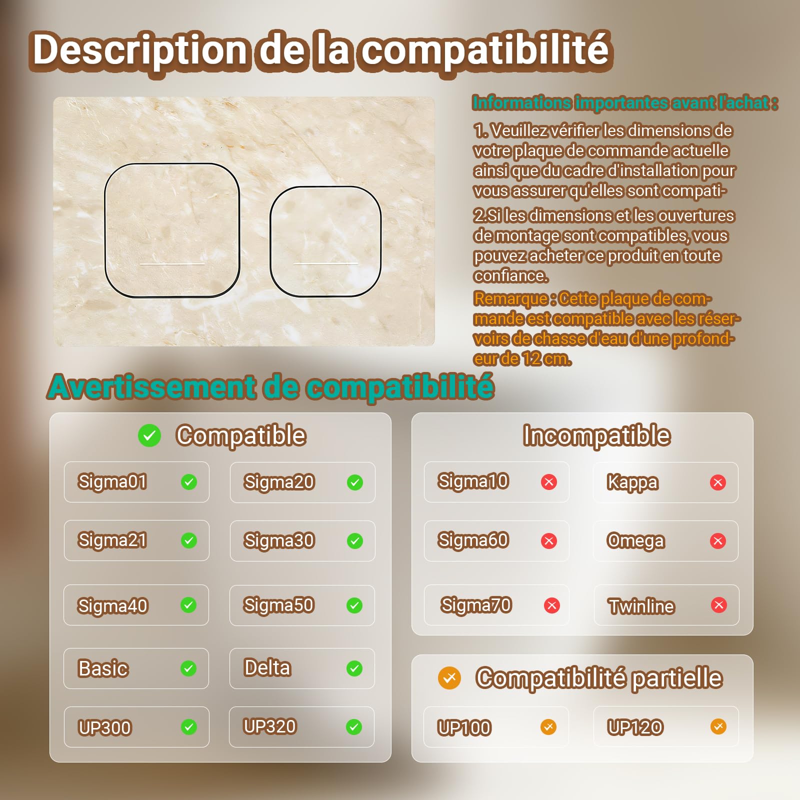 Plaque de Commande WC Compatible avec Geberit Duofix Sigma, Delta et Basic, Kit de Rechange avec Tiges de Poussée et Cadre de Montage pour UP300 & UP320, 245 x 164 mm(Beige-Y4-B)