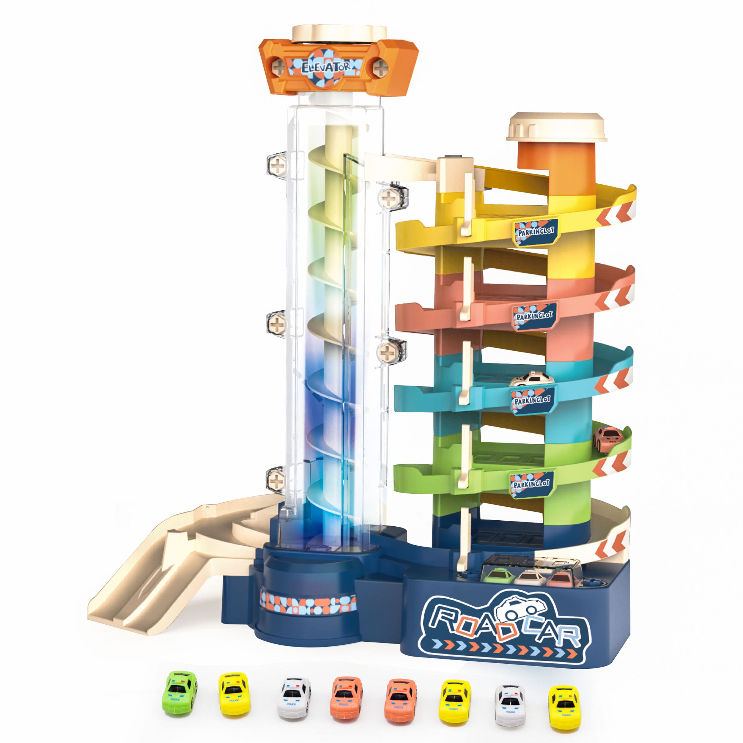Electric 5-Level Garage Track Set Toy, Toy Vehicle Playsets, Vehicle Building Parking Lot Race Tracks with 8 Pcs Diecast Metal Cars, car Garage Playset Race Track for Boys, Kids, Toddler