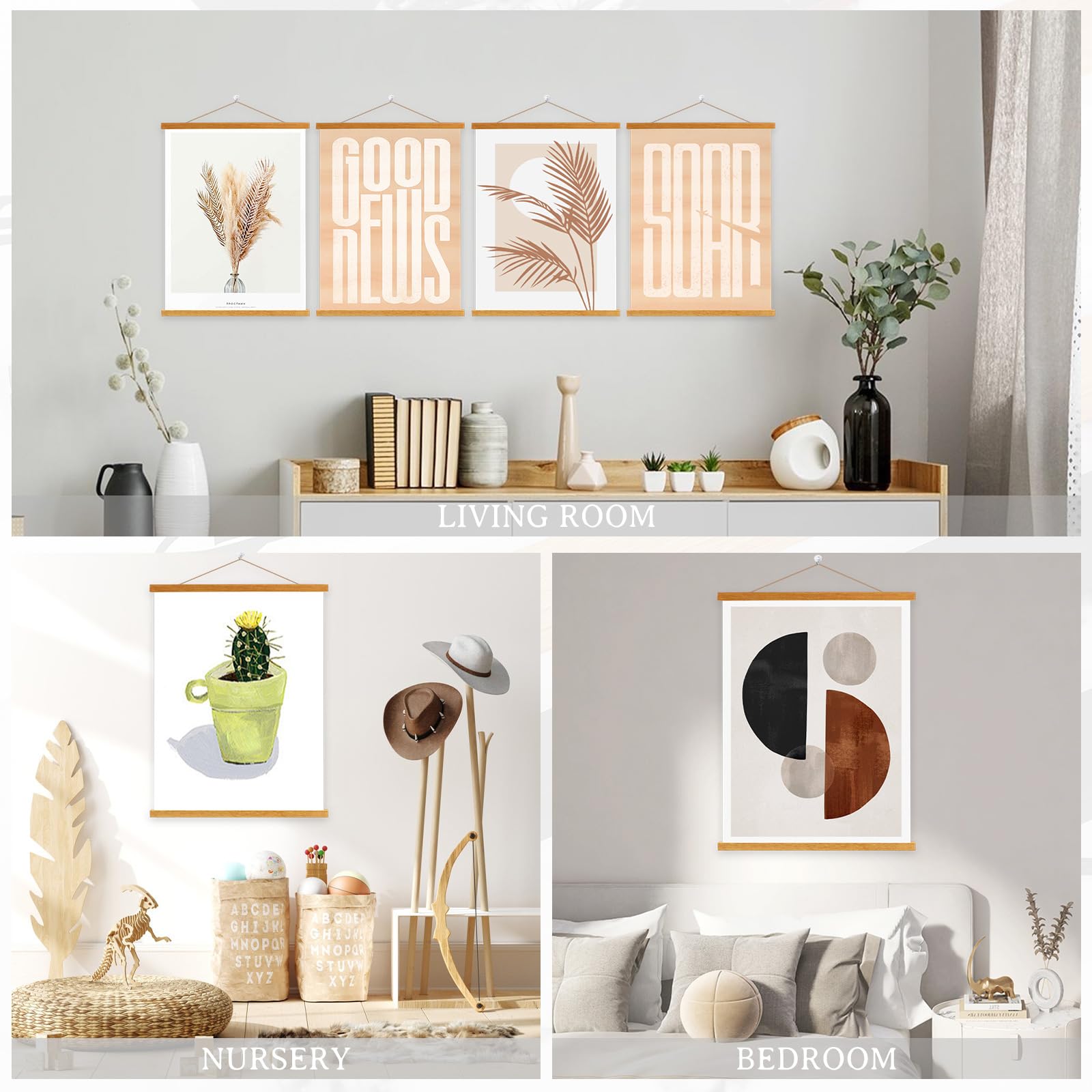 Set De 3 Cadres Magnétiques Pour Affiches A3 - Barres En Bois Naturel, Suspension Murale Facile, Décoration Moderne
