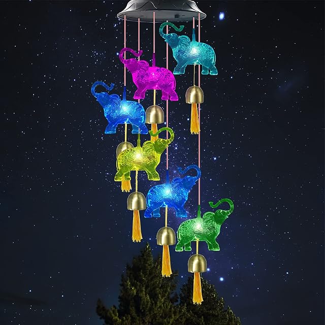 CDIYTOOL Solar Elephant Wind Chimes, Waterproof Solar Powered Elephant Wind Chimes LED Solar Garden Wind Chimes Outdoor Decor for Patio, Yard, Indoor Home Decoration