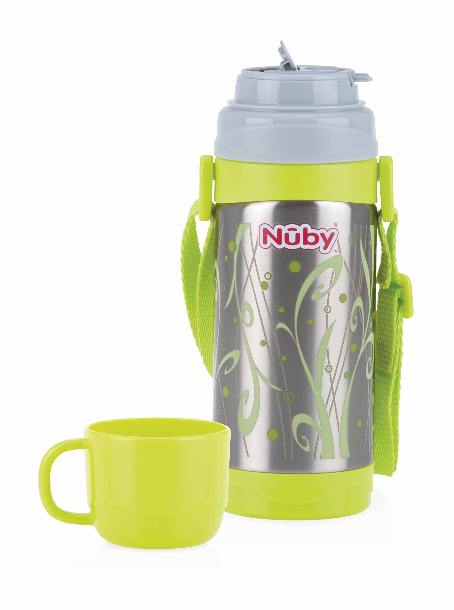 Nuby Borraccia termica per bambini con Bicchiere - con tracolla e facile da trasportare, adatta per la scuola e lo sport - Grigio