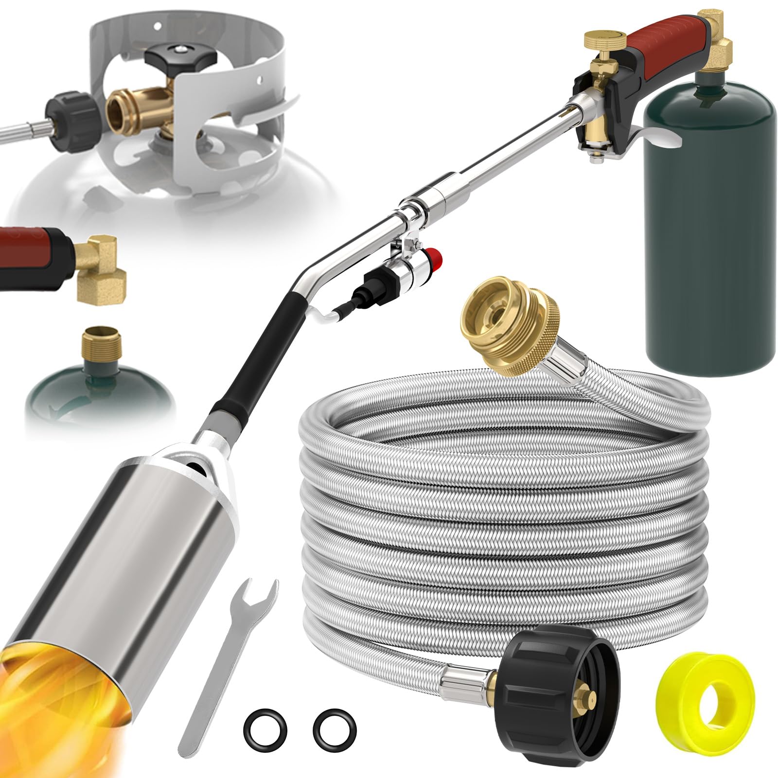 Propane torch weeds burner kit, large propane torch high BTU, Blow Torch with 1lb Propane Converter 10FT Braided Hose, Heavy Duty Flamethrower with Turbo Trigger for Weeding,Roofing, Melting Ice/Snow
