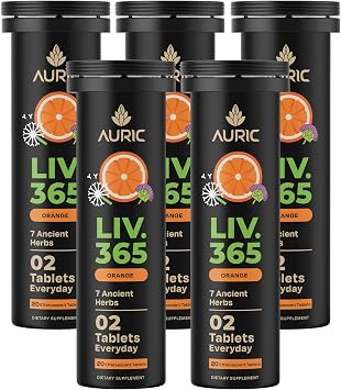 Auric Liv 365 Orange Effervescent Tablets | with Milk Thistle Silymarin, Turmeric, Licorice, Dandelion | Herbal Wellness Supplement | Plant-Based | 100 Tablets
