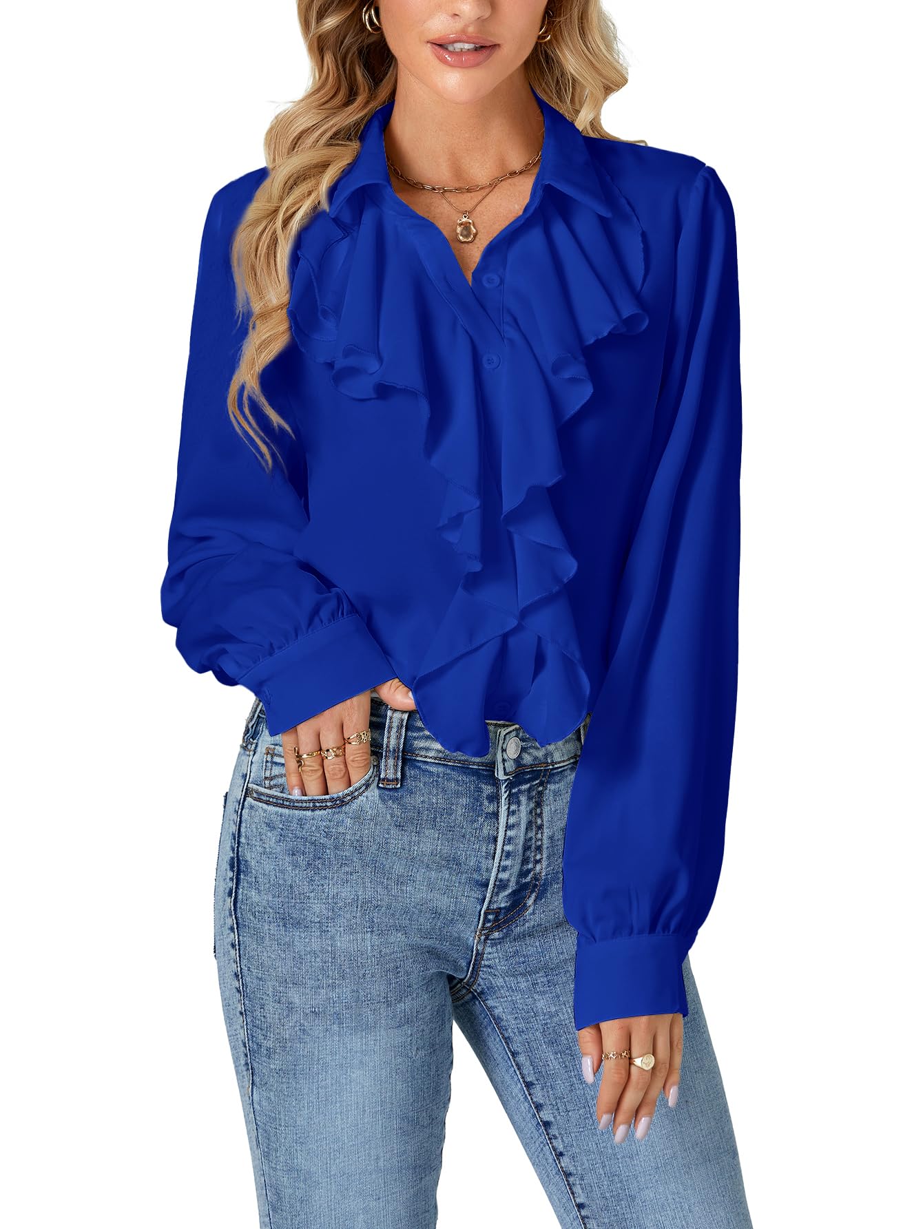 Photo 1 of LYANER Women's Long Sleeve Ruffle Blouse Dressy Ruffled Collar Button Down Shirts Victorian Tops Royal Blue Medium