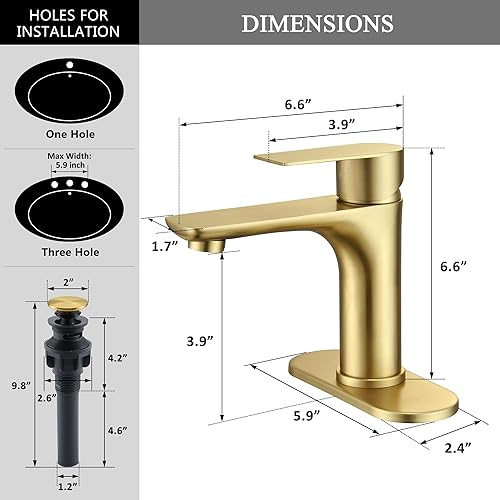 Miniatura 6 de TONNY Grifo de baño dorado cepillado, grifo dorado de una sola manija para fregadero de baño, grifo de lavabo de tocador de baño, 1 agujero con