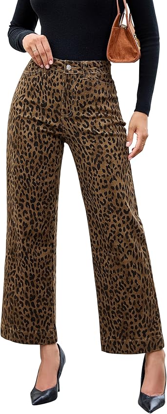luvamia Wide Leg Jeans Woman Trendy High Waisted Leopard Cheetah Print Ankle Length Stretchy Denim Pants with Pockets