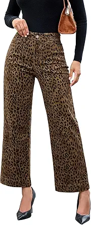 luvamia Wide Leg Jeans Woman Trendy High Waisted Leopard Cheetah Print Ankle Length Stretchy Denim Pants with Pockets