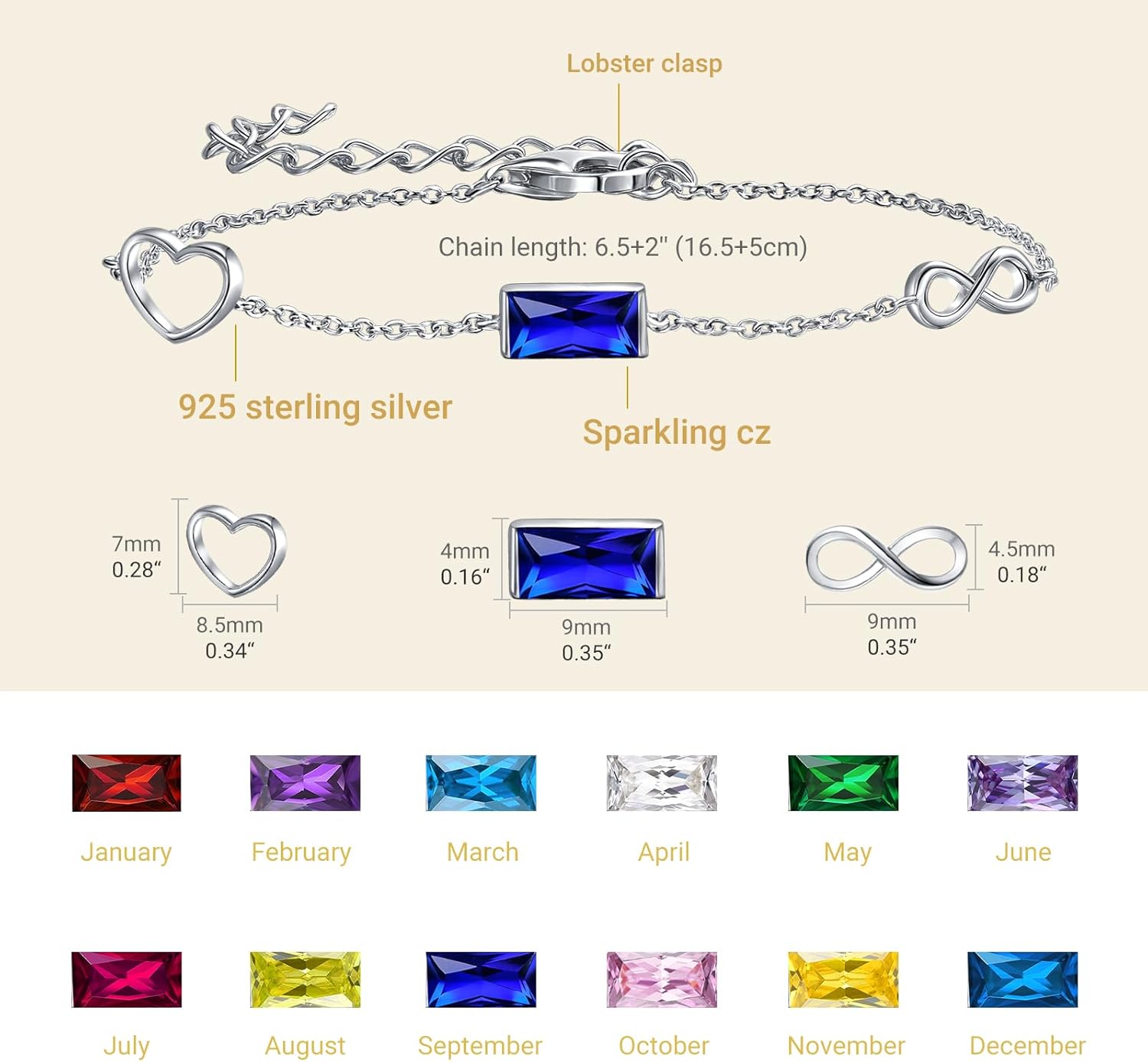 E Infinity Heart Bracelet 925 Sterling Silver Birthstone Adjustable Bracelet for Women, Friendship Birthday Anniversary Jewelry Gifts for Her Best Friend Mom Wife Girlfriend - Image 4