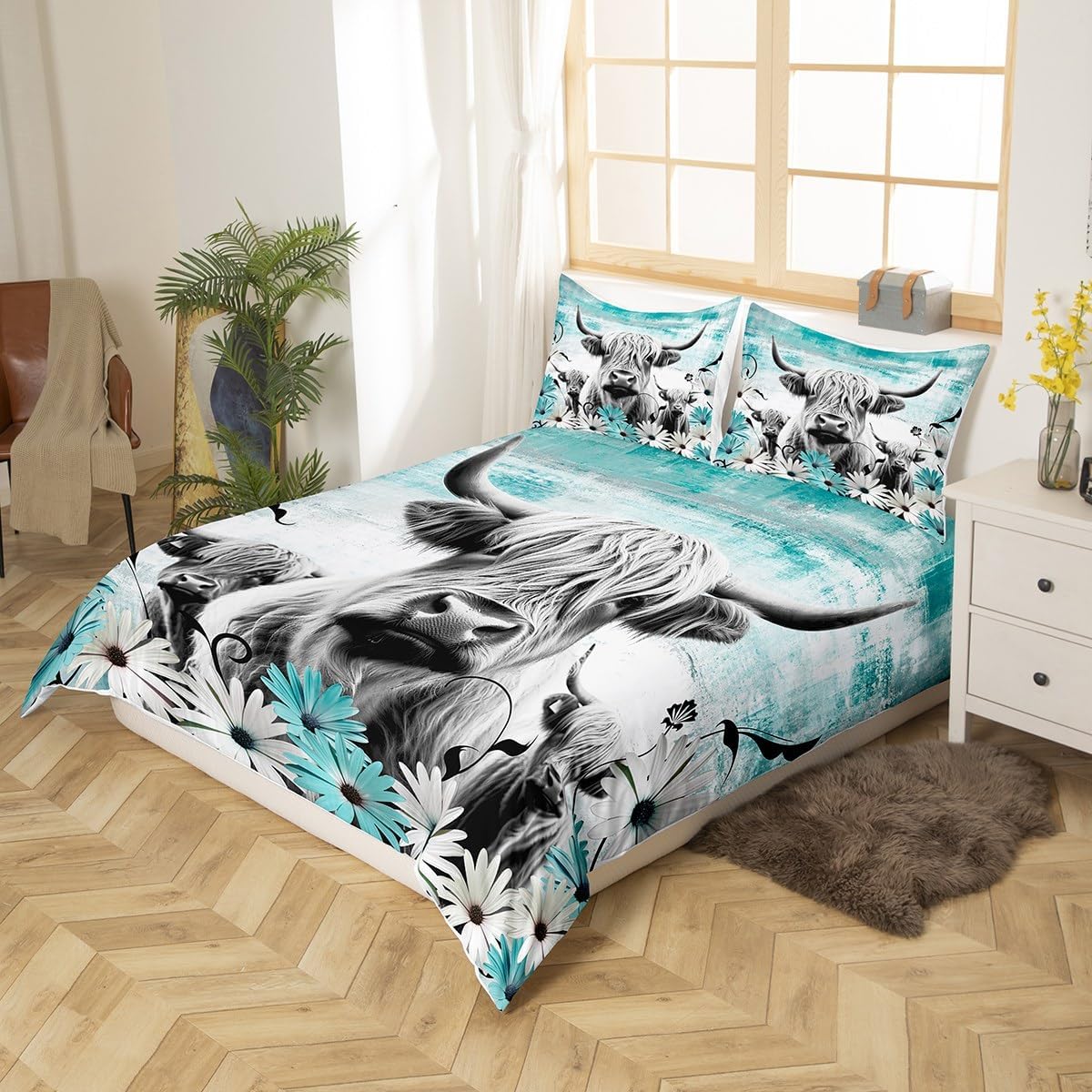 Erosebridal Highland Cow Print Duvet Cover Full,Teal Western Farmhouse Bedding Set Rustic Home Decor,Longhorn Cattle Farm Animal Comforter Cover Daisy Floral Bed Sets Cowboys Gifts for Boys Girls Kids