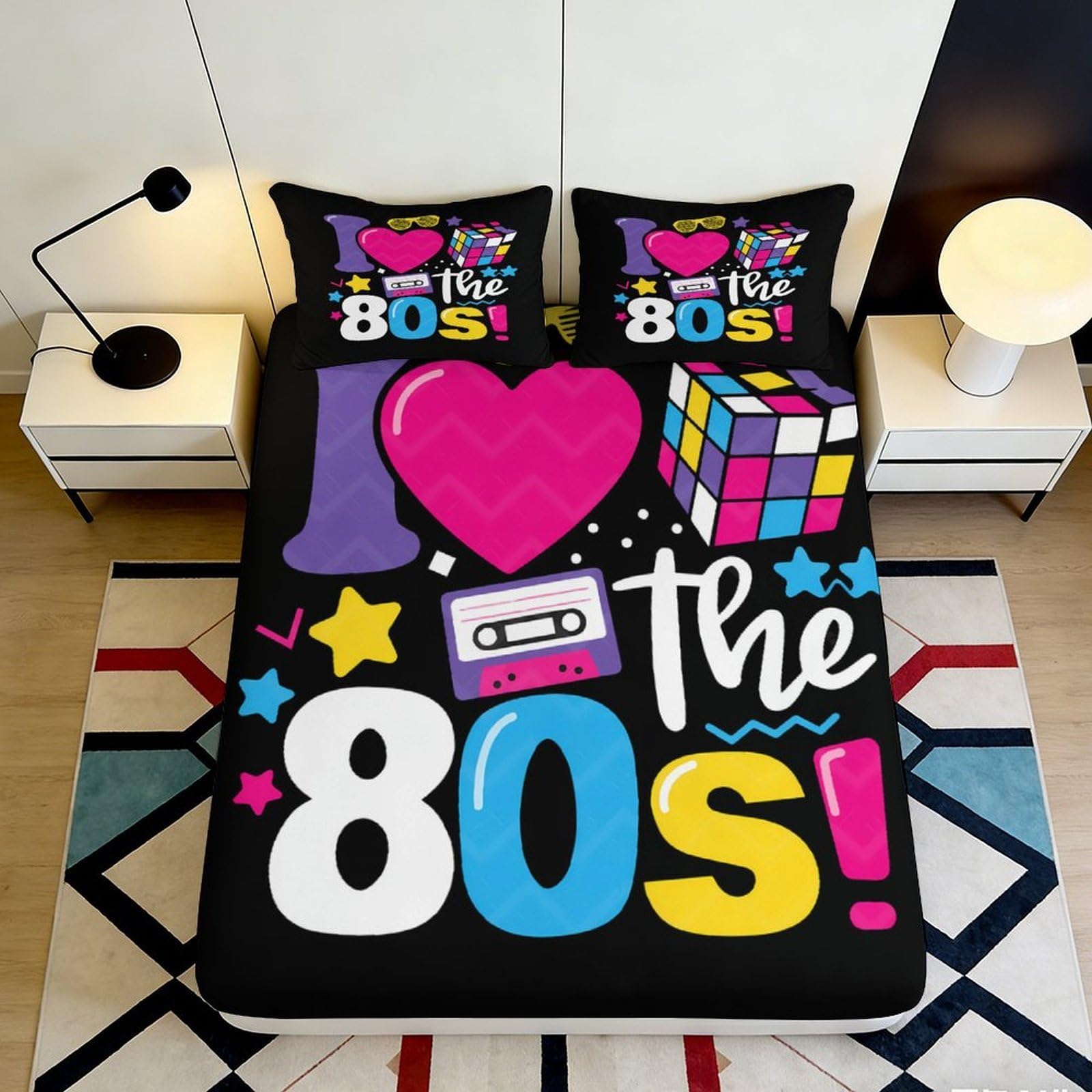 3D Printed Retro 80s Fitted Sheet Microfiber Colourful Cassette Rubik Bed Cover for Bedroom Dorm Decor Protection 90x200x25cm
