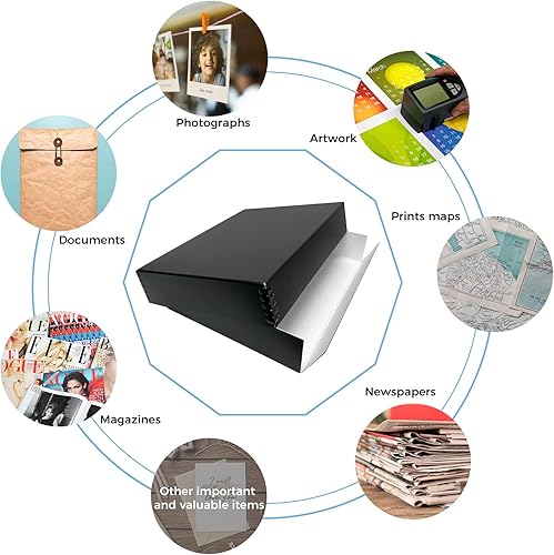 Miniatura 6 de Lineco Caja de almacenamiento negra de museo de 11 x 14 pulgadas, diseño frontal caído, 11 12 x 15 x 3 pulgadas. Sin ácidos con borde metálico.