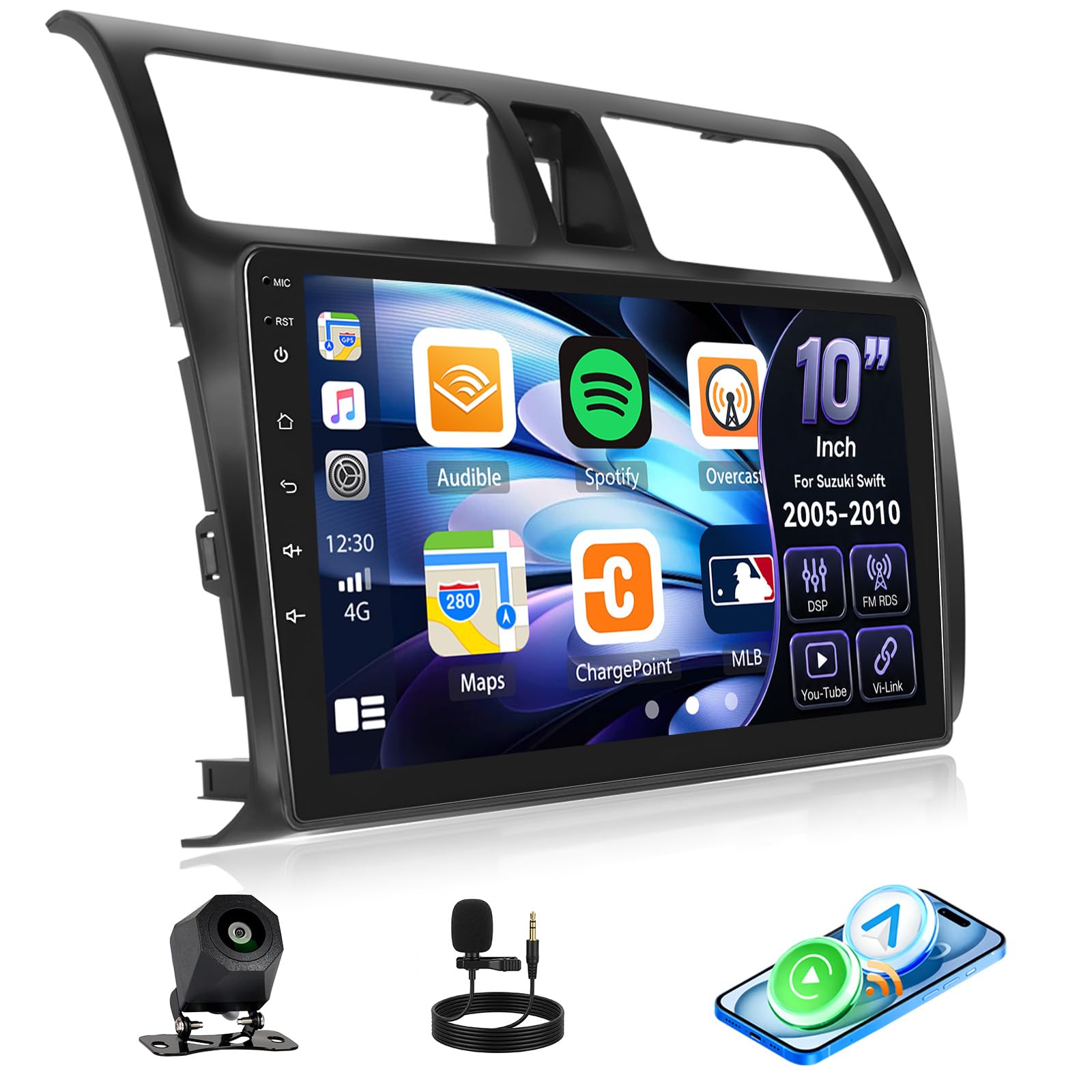 CAMECHO CarPlay Autoradio 10 Pulgadas DSP Radio para Suzuki Swift 2005-2010 con Android Auto, FM RDS Bluetooth, Pantalla Táctil HD,Soporte de Youtube, Control del Volante, y Cámara Trasera