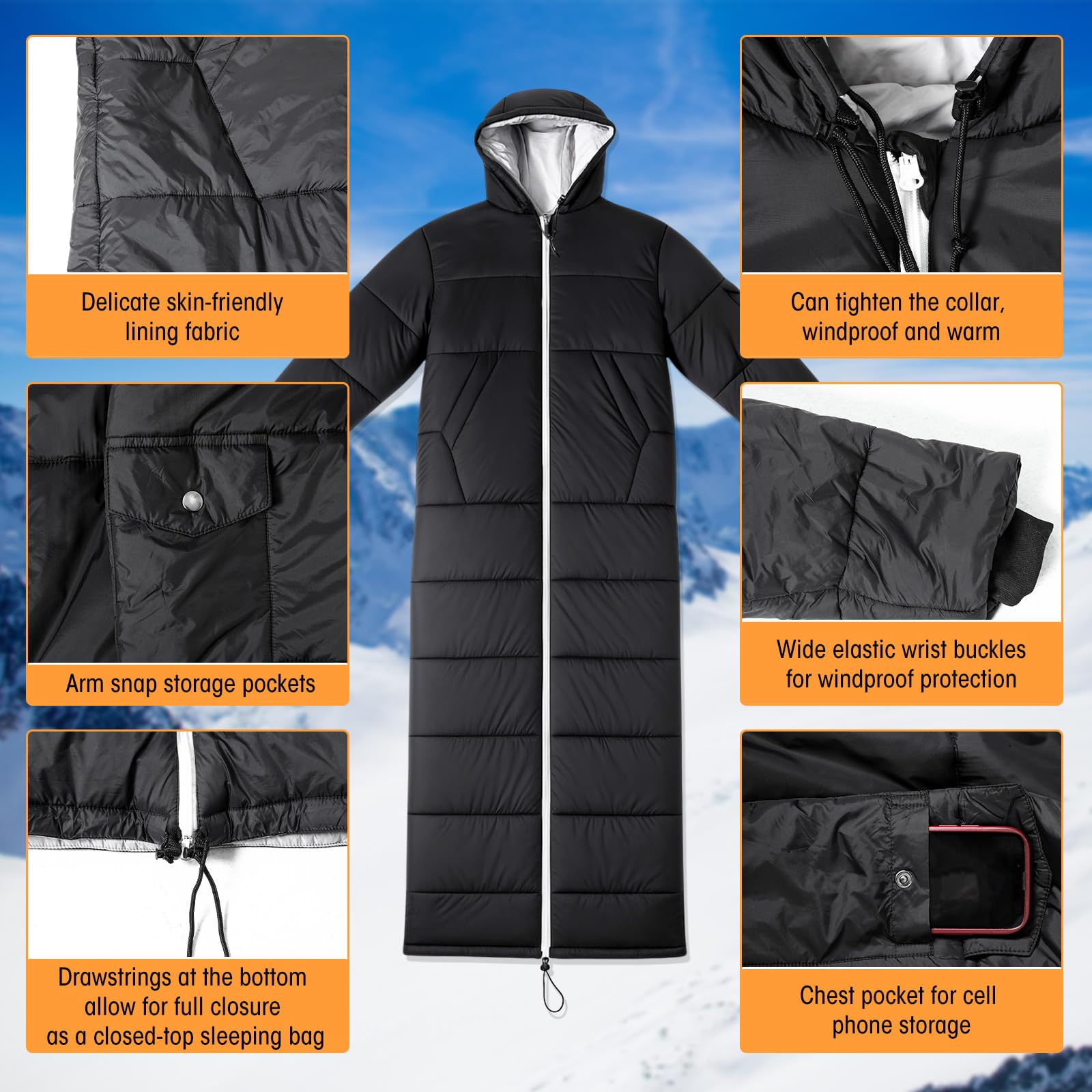 Macarrie Wearable Sleeping Bag for Adults with Sleeves and Hood, 74 Inch Long 0 Degree Cold Weather Insulated Weather Sleeping Bag for Extreme Cold Camping Hiking Stadium