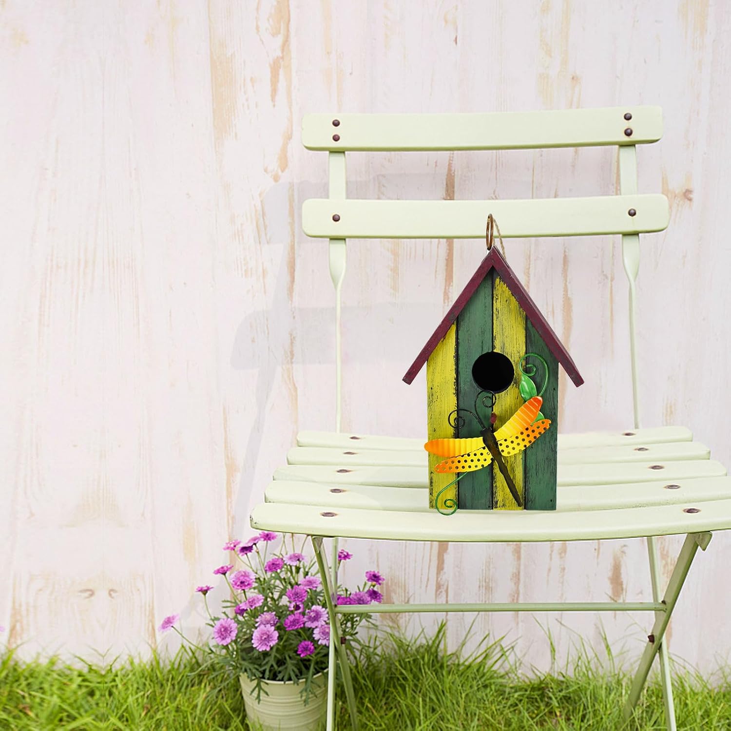 Wooden Decorative Birdhouse Hanging Bird House Hand Painted Birds Box Outdoor Garden Decor Bird Feeder for Finch Hummingbird Cardinals Bluebirds Sparrows Chickadees (Dragonfly)