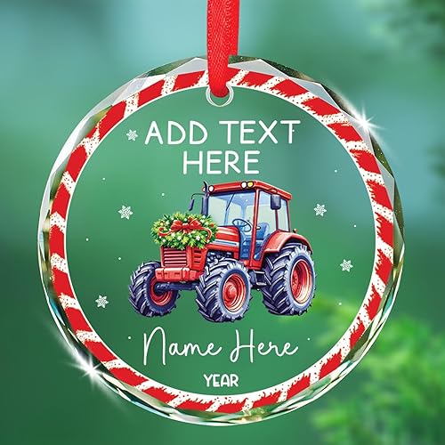Farm Tractor Glass Christmas Ornament 2025, Personalized Text & Name Tractor Lover Xmas Tree Keepsake, Farm Vehicle Ornament Gifts for Farmer Family, Customized Farming Machine Glass Keepsake Decor