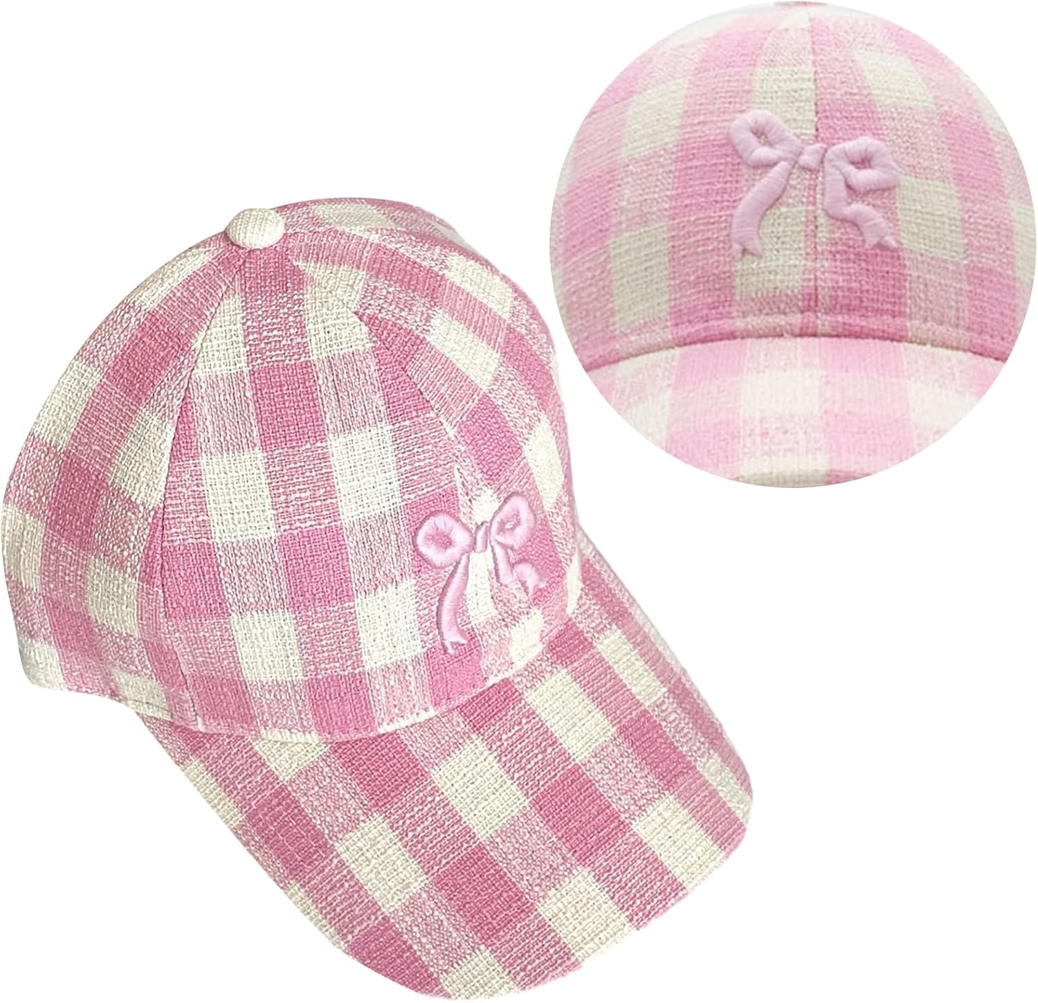 Women Checkered Baseball Cap Embroidery Bow Wide Brim Hat Photo Props Breathable Embroidery Bow Adults Casual Sport Beige, 适合头围54-58cm - Image 3