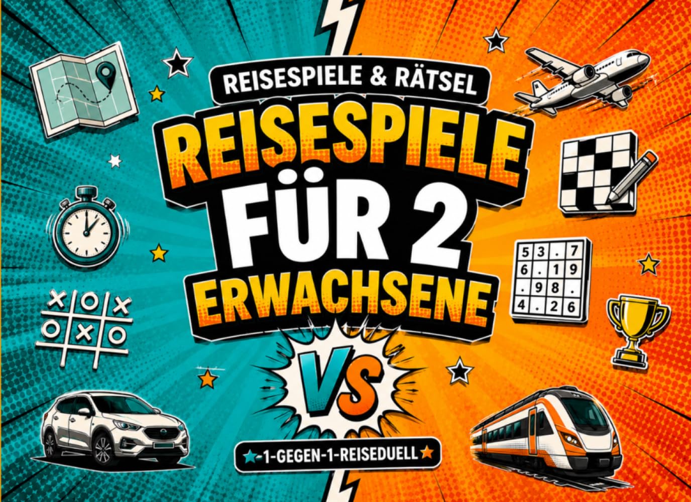 Reisespiele für 2 Erwachsene: 1-gegen-1-Reiseduell als Stift-und-Papier-Rätselbuch – für Urlaub, Camping und entspannte Spielpausen im Auto, Zug oder Flugzeug.