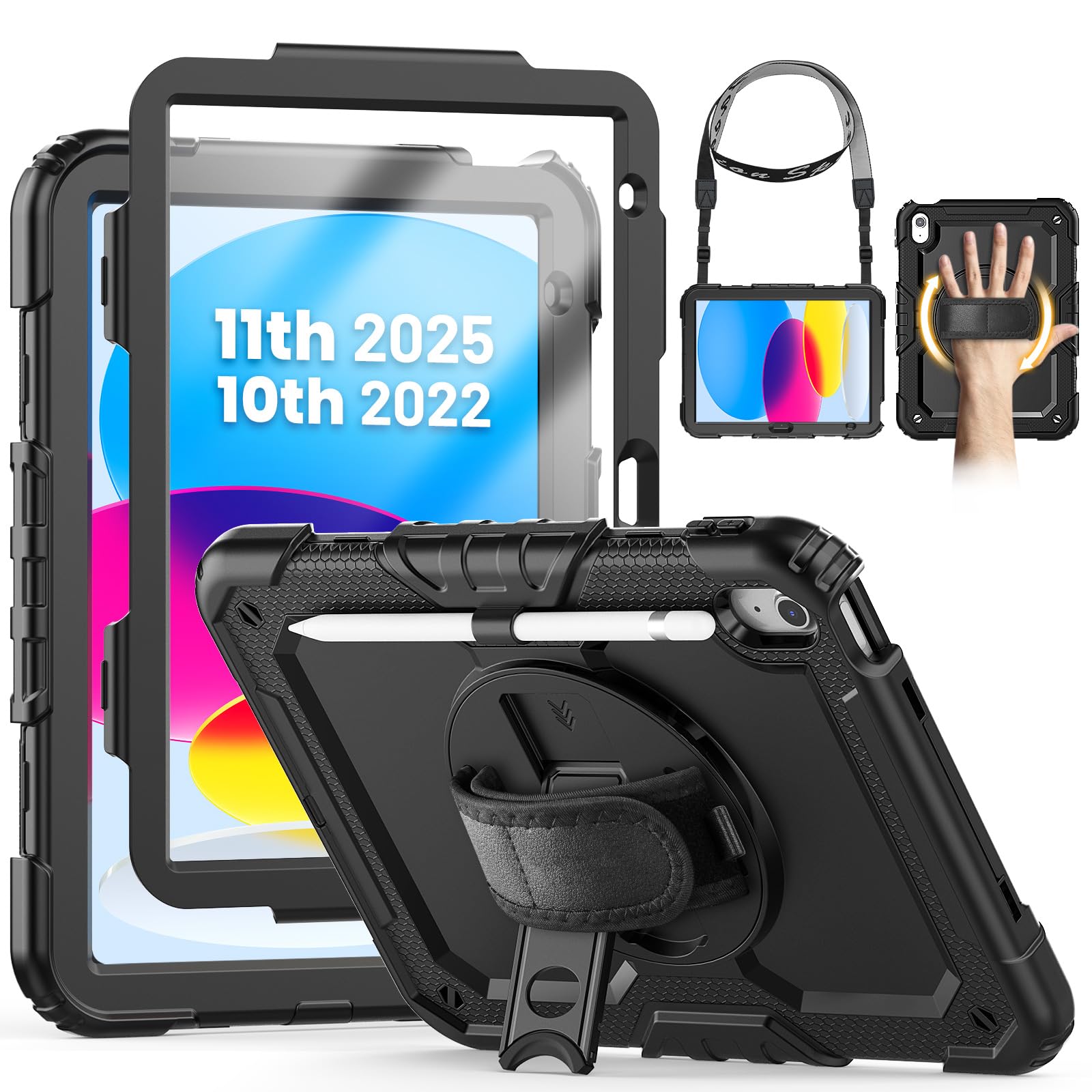 Sponsored Ad – SEYMCY Case for iPad (A16) 11th/10th Generation 2025 (11 inch)/2022 (10.9 inch), Full-body Shockproof with Screen Protector, 360° Rotating Stand & Hand Strap, Carrying Strap, Pencil Holder, Black