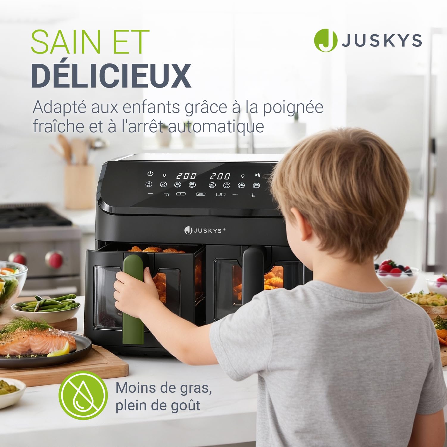 Juskys Friteuse à air chaud 9 l Deux tiroirs - Friteuse XXL à 2 paniers, 9 programmes, Smart Finish, revêtement enduit