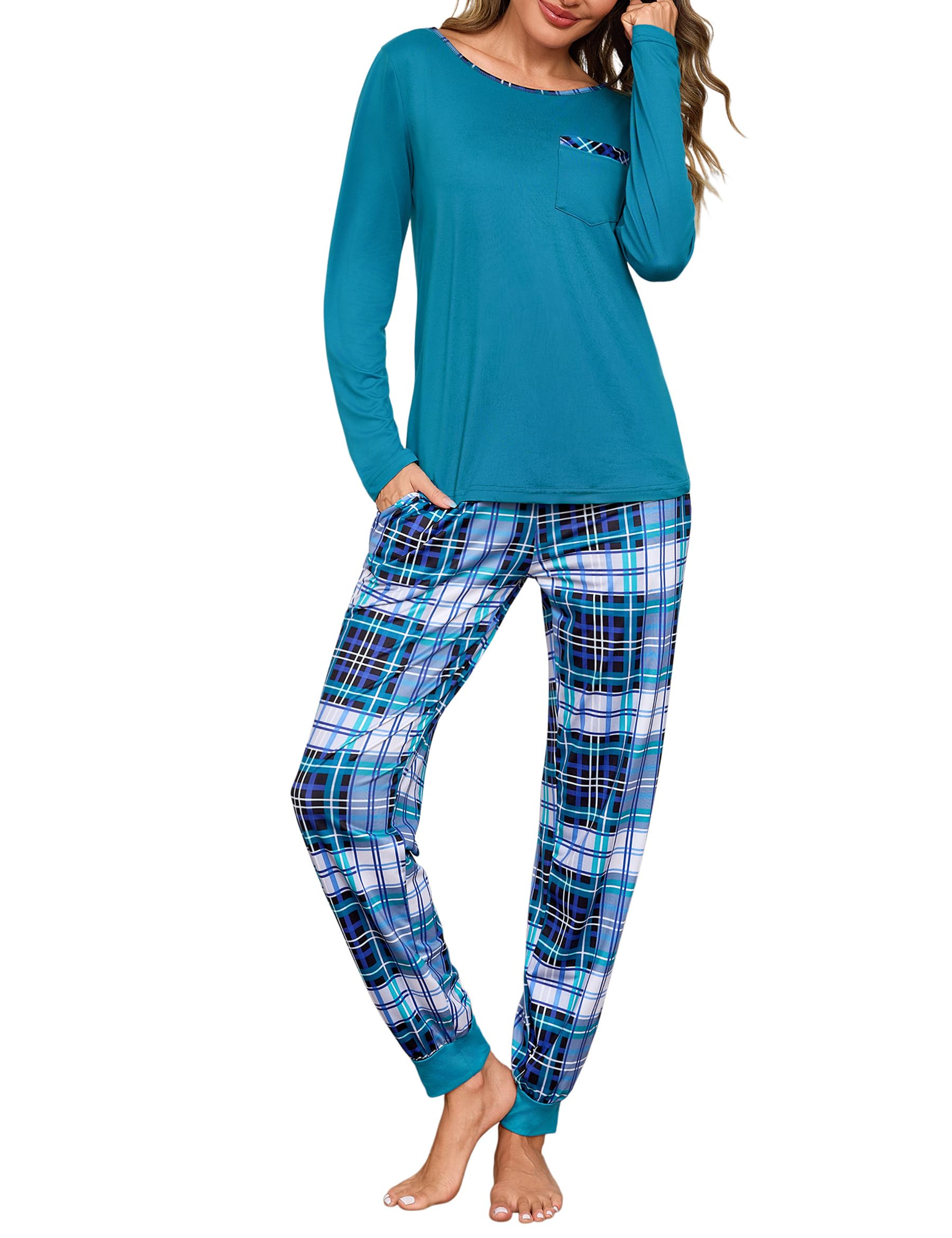 Leversic Pyjama voor dames, lang, geruit, tweedelige pyjamaset, ronde hals, bovendeel en pyjamabroek, loungewear, huispak, katoenen nachtkleding, M
