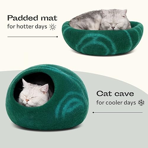 Miniatura 5 de MEOWFIA Cama de fieltro prémium para gatos hecha a mano 100  lana merino para gatos y gatitos tonos oscuros tamaño mediano esmeralda profunda