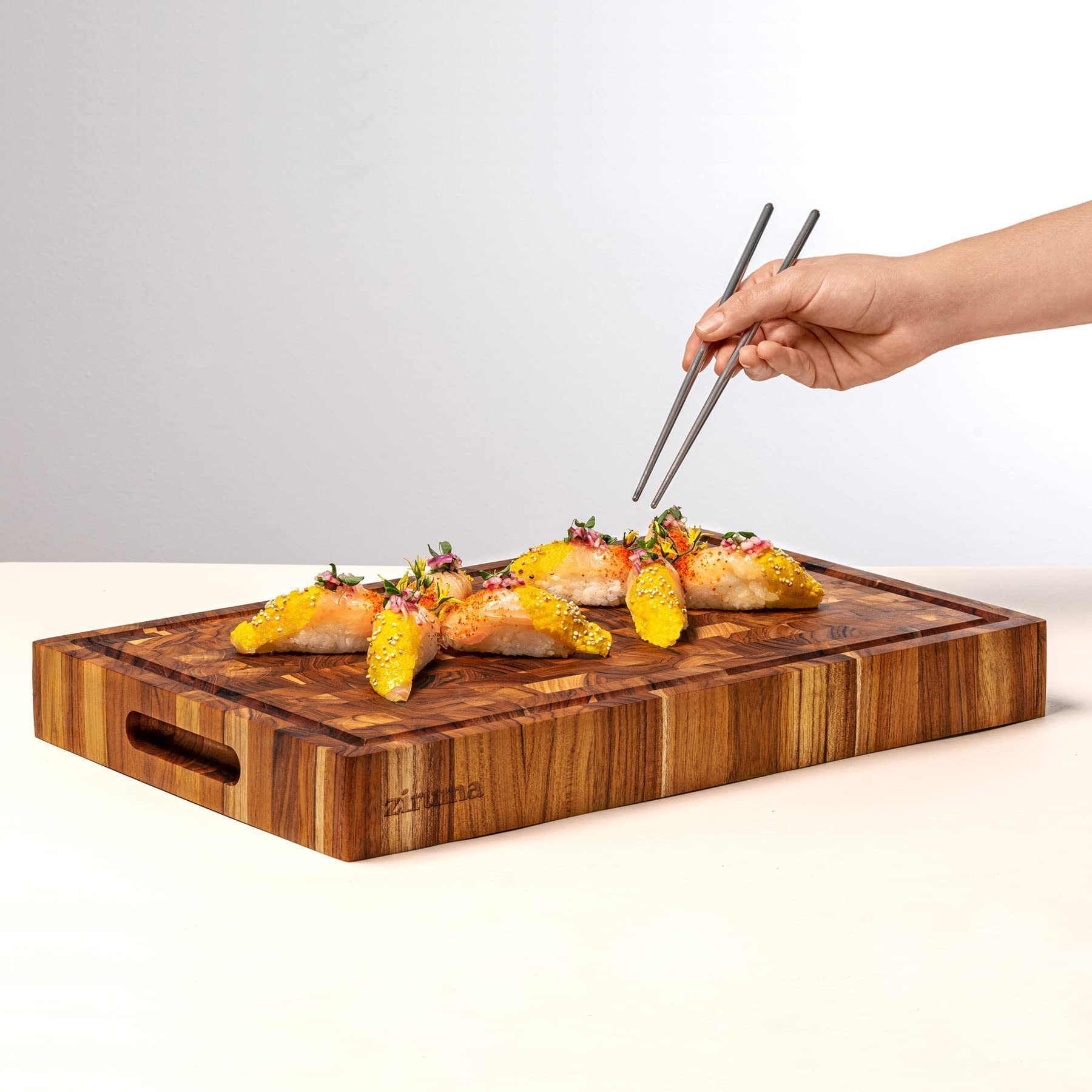 Ziruma End Grain Prime Teak Wood Cutting Board Cured with Pure Beeswax