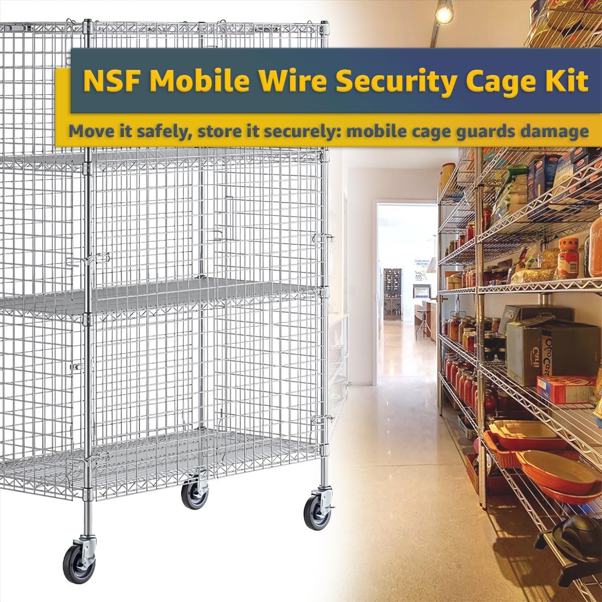 24" x 48" x 70" NSF Heavy Duty Mobile Chrome Wire Shelves with Security Cage Kit, 4 Tier Metal Commercial Storage Rack with Wheels