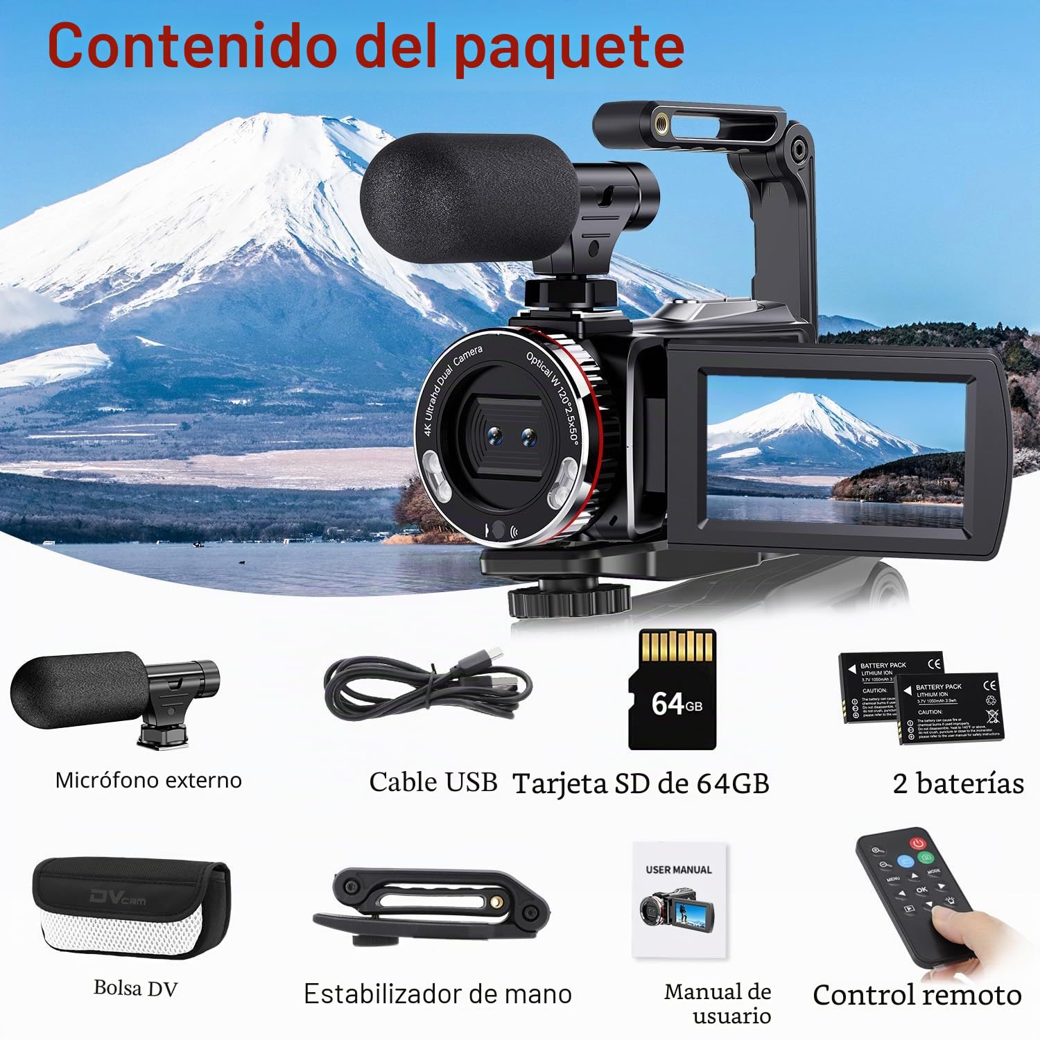 Cámara de vídeo 4K 64MP Videocámara Vlogging Cámara,Doble Objetivo 3" 270° Pantalla giratoria Vlog Cámara con Tarjeta de 64GB, Micrófono, Estabilizador,Control Remoto,2 Baterías