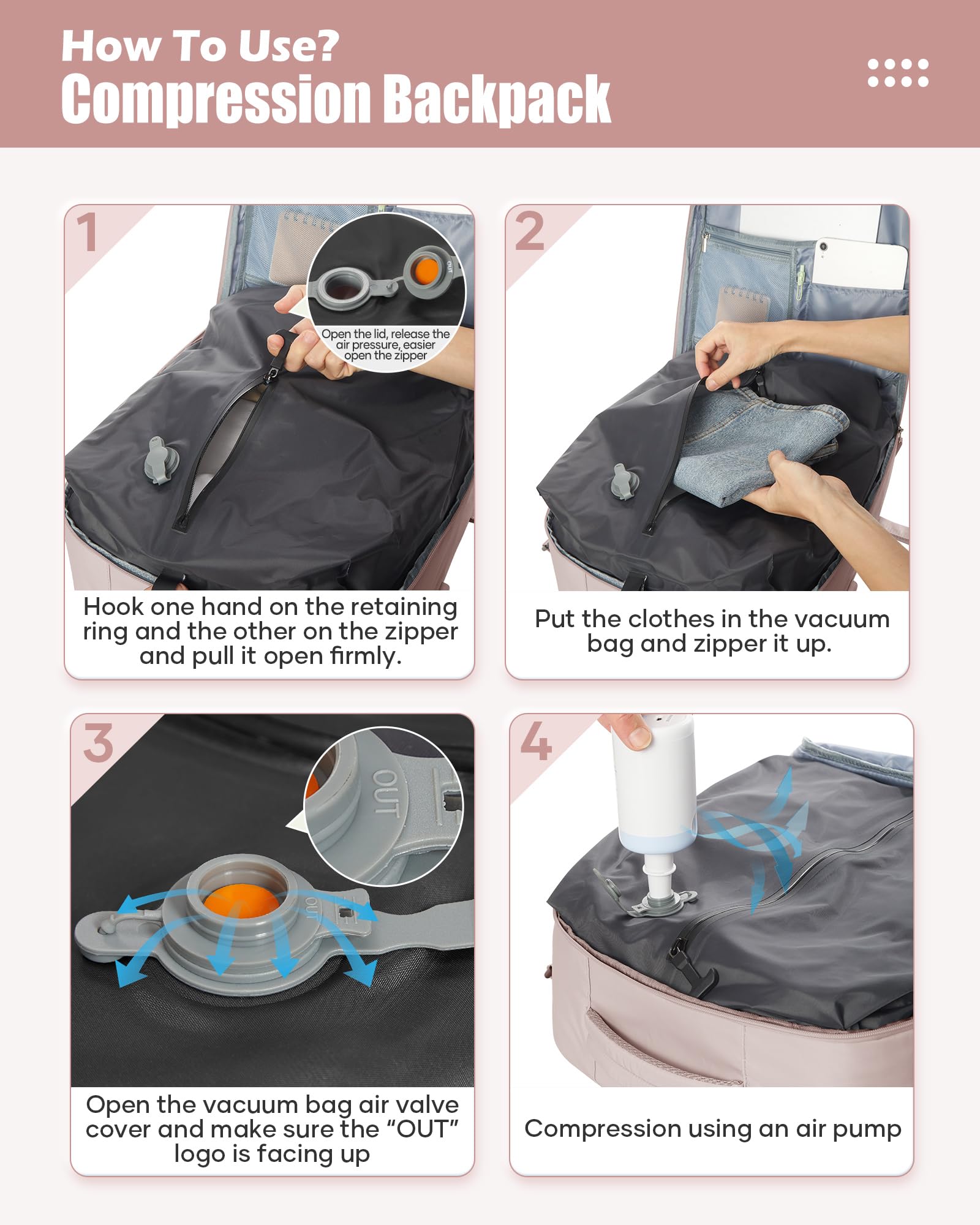 BJLFS Zaino da Viaggio con Sottovuoto Ryanair 40x30x20 Wizzair Bagaglio a mano 40x20x25 Ryanair con Pompa Borse da Cabina per Easyjet 45x36x20 con compressione sottovuoto,Zaino Casual per Laptop