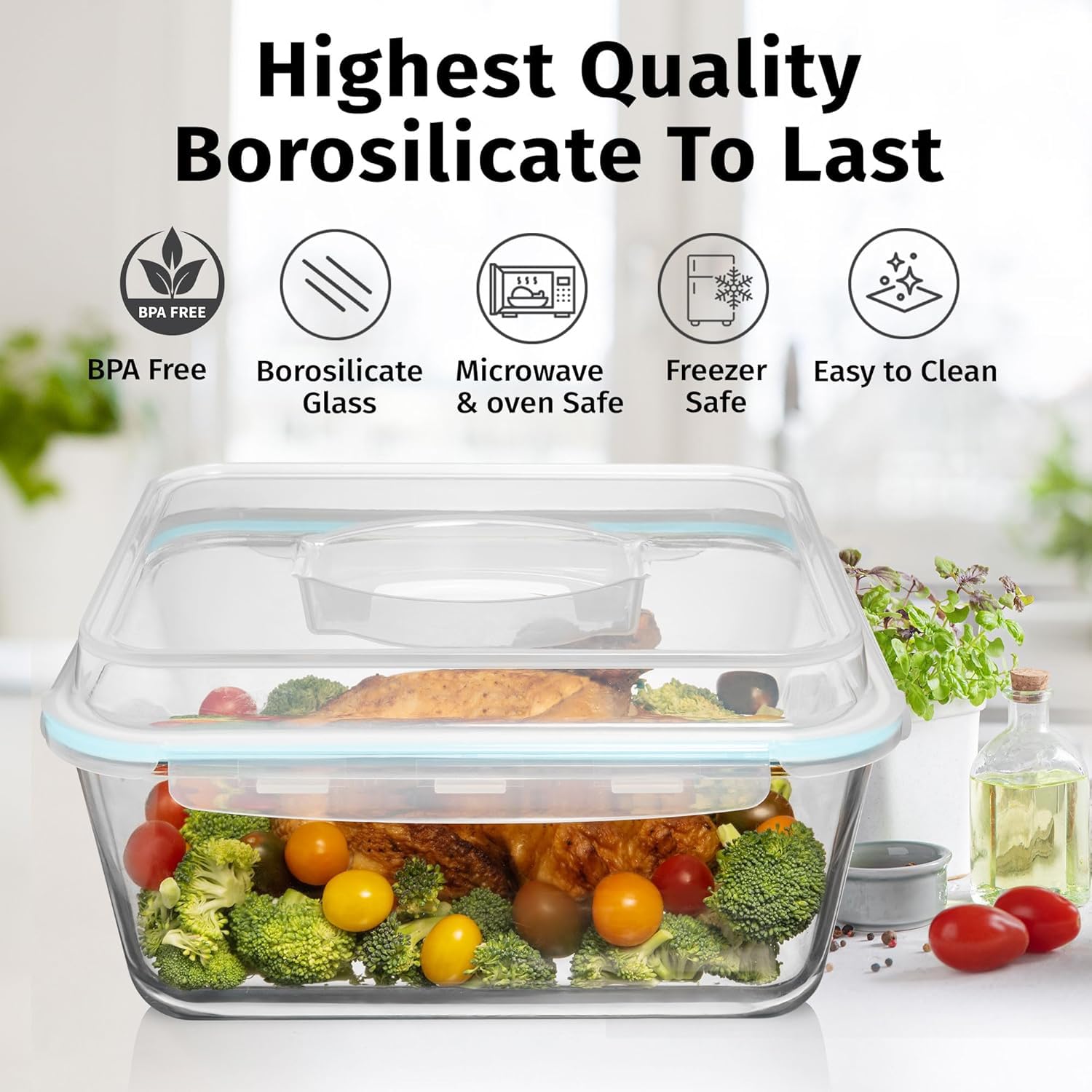 Recipiente grande de vidrio para almacenamiento de alimentos con tapa hermética, ideal para almacenar alimentos, verduras, frutas, cazuela para hornear, lasaña, pavo asado, pollo, sin BPA, apto para