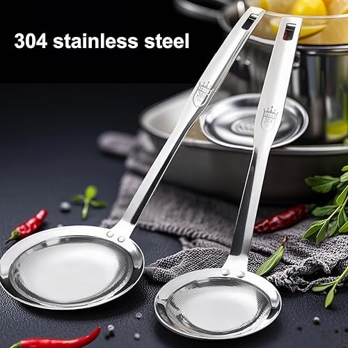 Miniatura 2 de Colador de tamiz de acero inoxidable de malla fina (paquete de 2, grande y pequeño), colador de malla para aceite de cocina, cuchara espumadora,