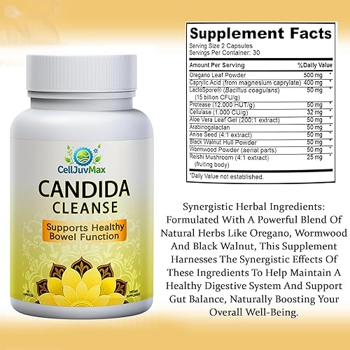 Miniatura 2 de BENIX Candida Cleanse - Suplemento de apoyo intestinal a base de hierbas con orégano, ajenjo y nogal negro  Mezcla de ácido caprílico para el