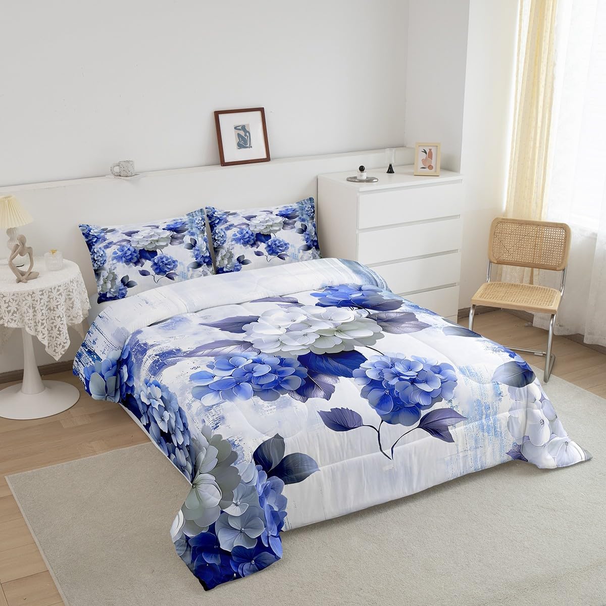 Watercolor Hydrangea Bedding Full Size Chic Flower Floral Comforter Set Full for Girls Women, Watercolor Oil Painting Duvet Insert Ombre Gradient Quilt Comforter, Navy Blue Bedding Comforters & Sets