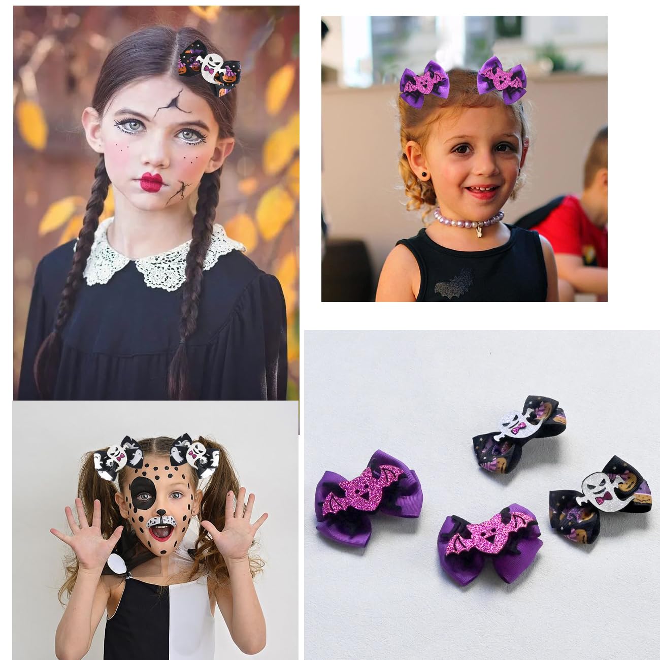 2 PCS Halloween Hair Clips Bows for Girls - Spider Hair Clips Black Purple Grosgrain Ribbon Bows - Hat Glitter Hair Accessories for Party Decoration Supplies image 5