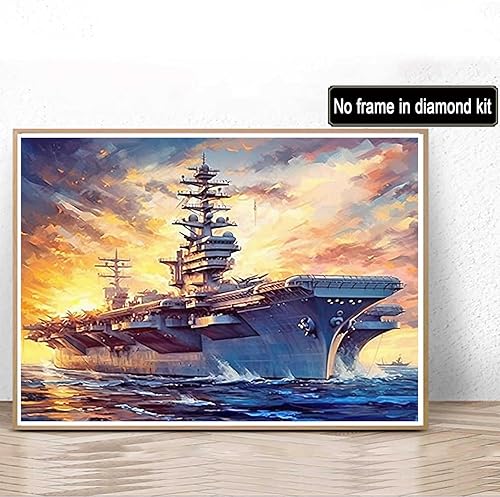 Miniatura 2 de Pintura artística de diamante, portaaviones, buque de guerra, Segunda Guerra Mundial, tema militar, kit de ventilador del ejército para adultos,