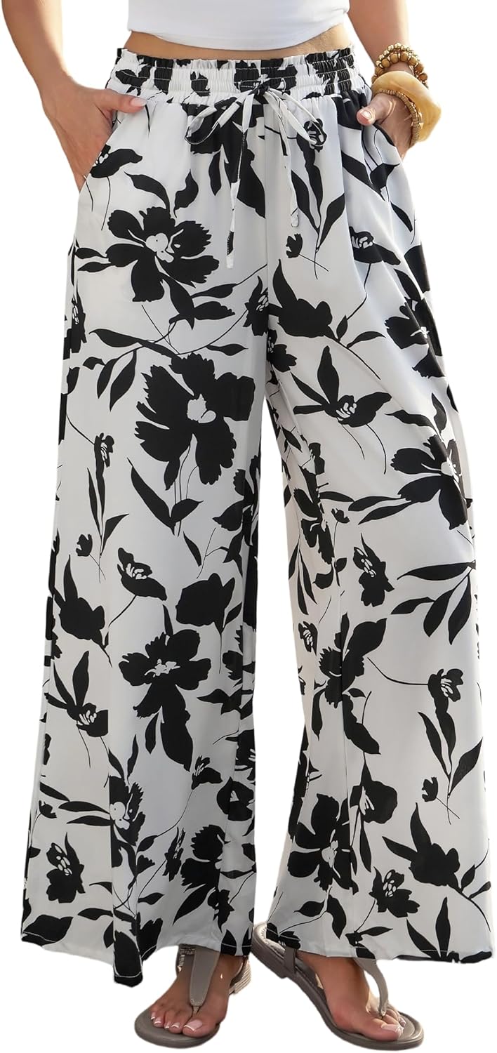 Women's Palazzo Pants Boho Floral High Waisted Pants Flowy Wide Leg Trousers with Pockets Women Casual Lounge