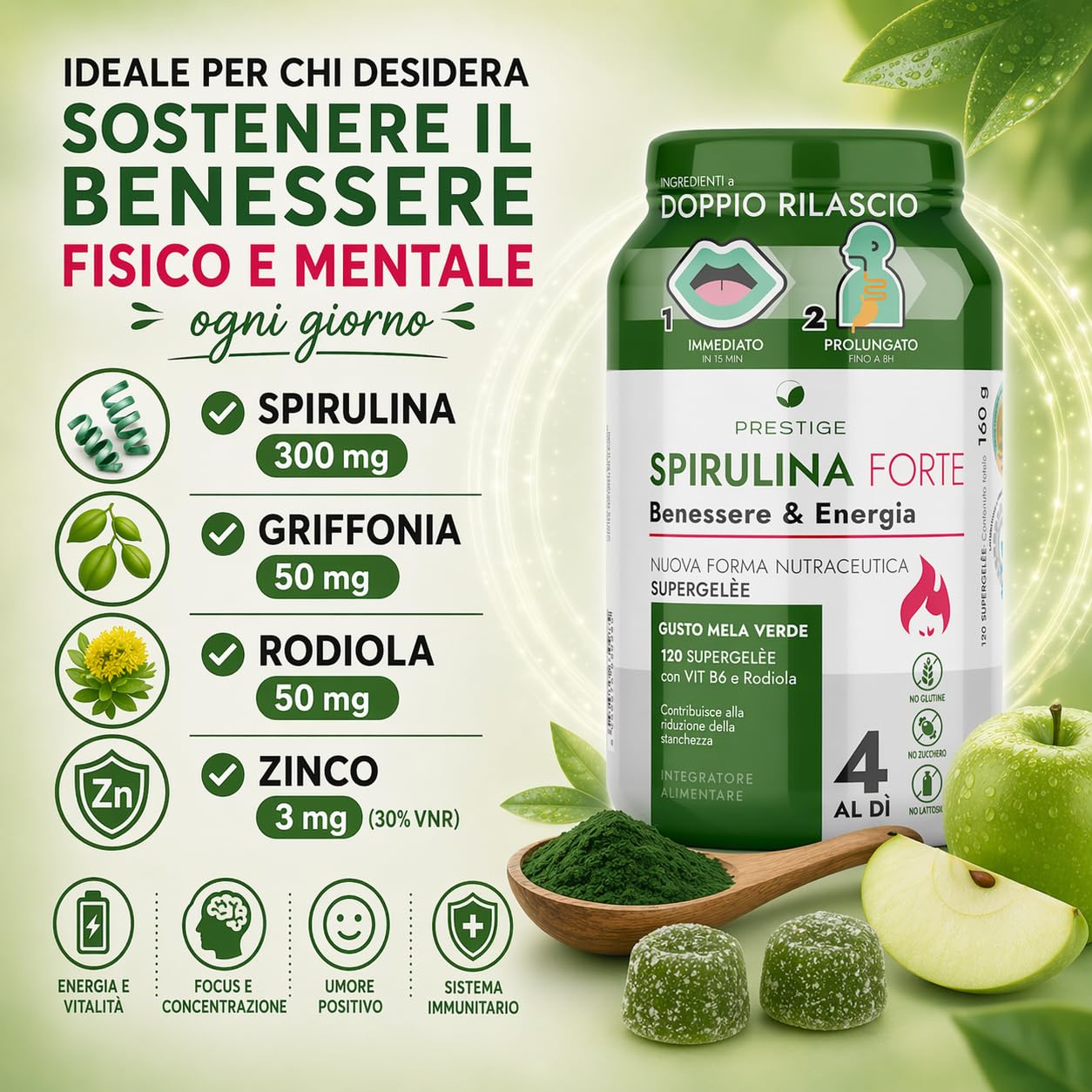 Integratore con SPIRULINA FORTE, 120 Gommose Supergelée Mela Verde - Spirulina: Dona Energia, Focus Mentale e Riduce Stanchezza - Supporto Metabolico