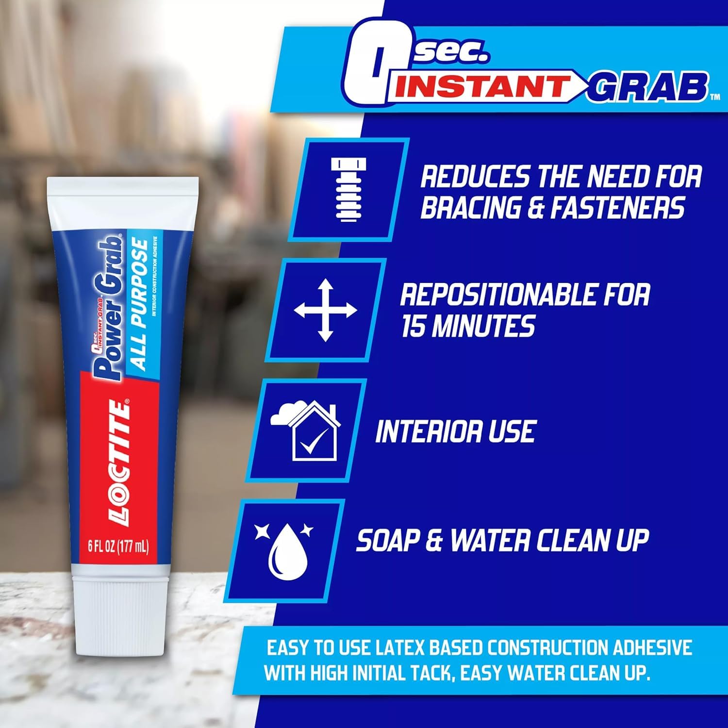 Loctite Power Grab Express Construction Adhesive, ultimate strength, 0 second grab, high tack adhesive, No-nails and screws, no clamping, DIY no mixing, metal, tiles, wood, concrete,177ml x pack of 3 product image 4