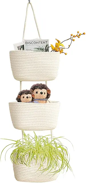 AARAINBOW Large 3-Tier Cotton Wall Hanging Baskets - Boho Organizer (B-White)