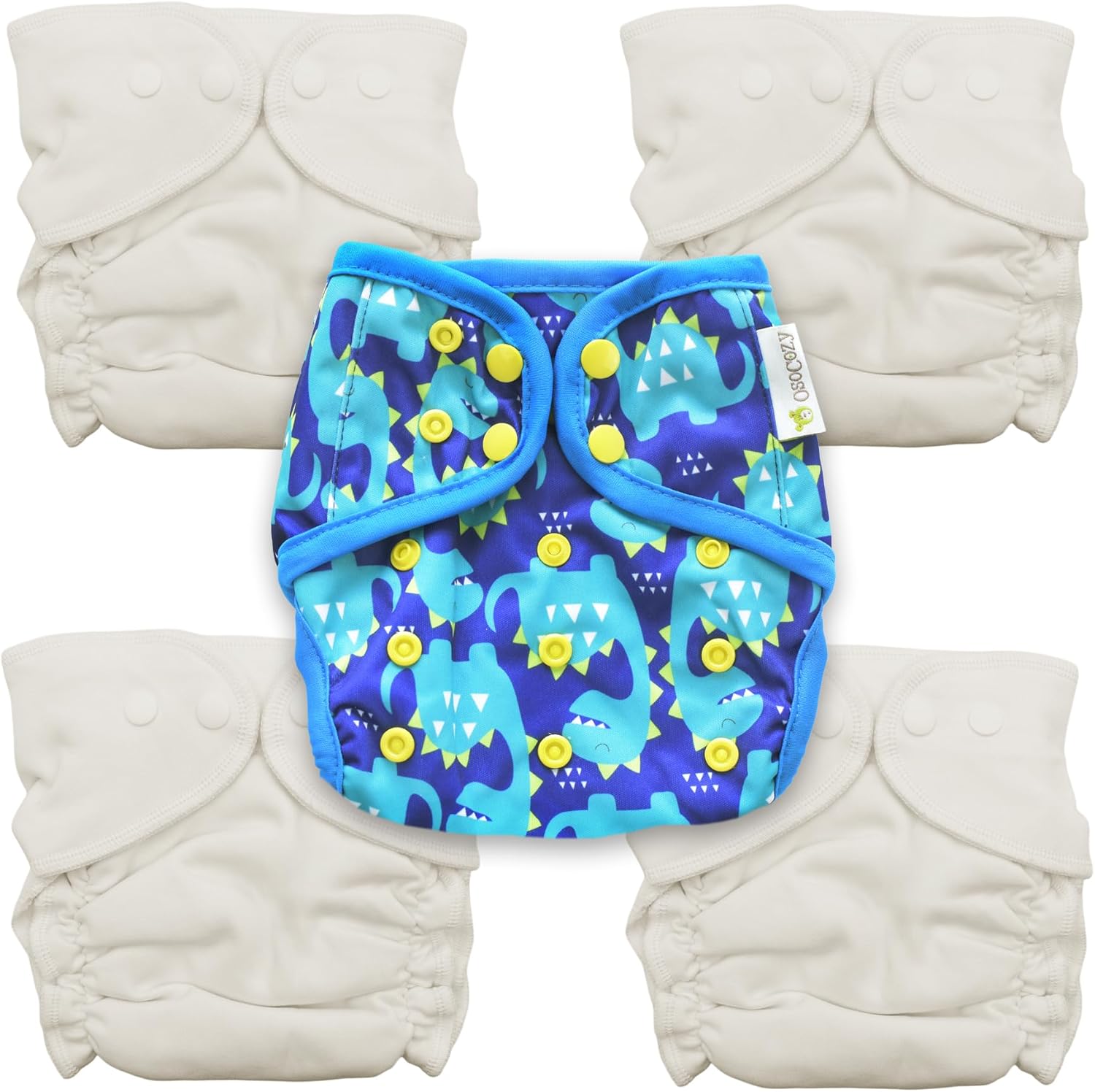 4 Size 1 Cozy Cubs Deluxe Interlock Fitted Diapers + OsoCozy One Size Diaper Cover Bundle (Dragons) | 100% Cotton Reusable Cloth Diaper Set | Waterproof PUL Cover with Double Gussets