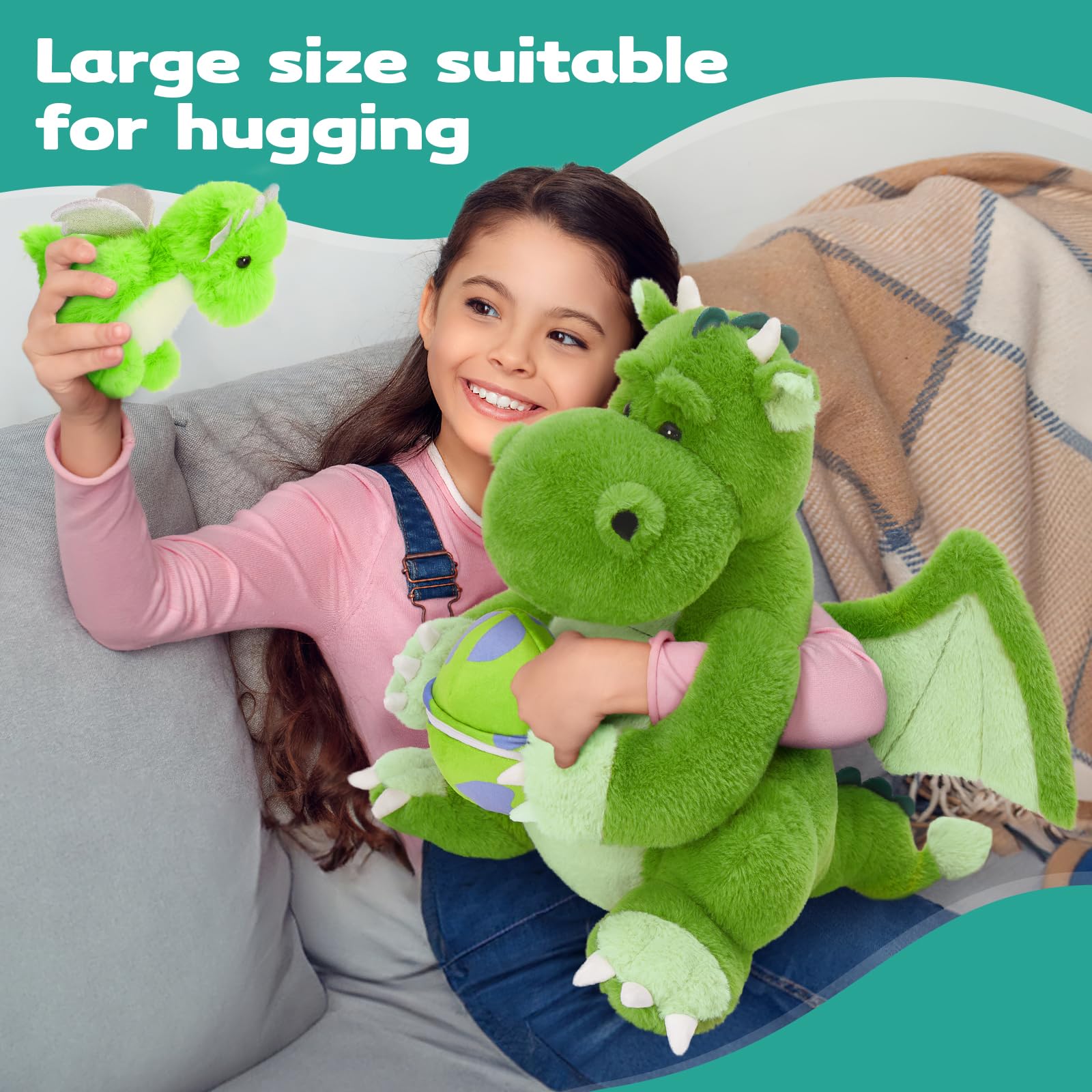 KERTA 3-in-1 Large Dragon Stuffed Animal, 20 Inch Big Stuffed Dragon Plush with Baby and Egg Toy for Girls Boys, Cuddle Hugging Dino Plush Gift for Birthday Christmas 7