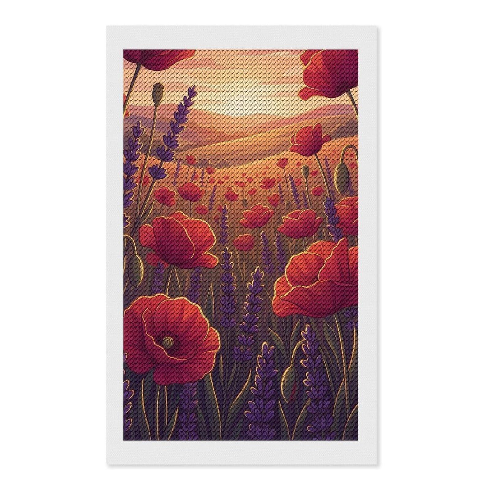 Junmoney Poppy and Lavender Field at Sunset Round Drill Diamond Painting 12"x20", for Craft Lovers, Stress Relief Craft, Bedroom Decor, Festive Craft Gift