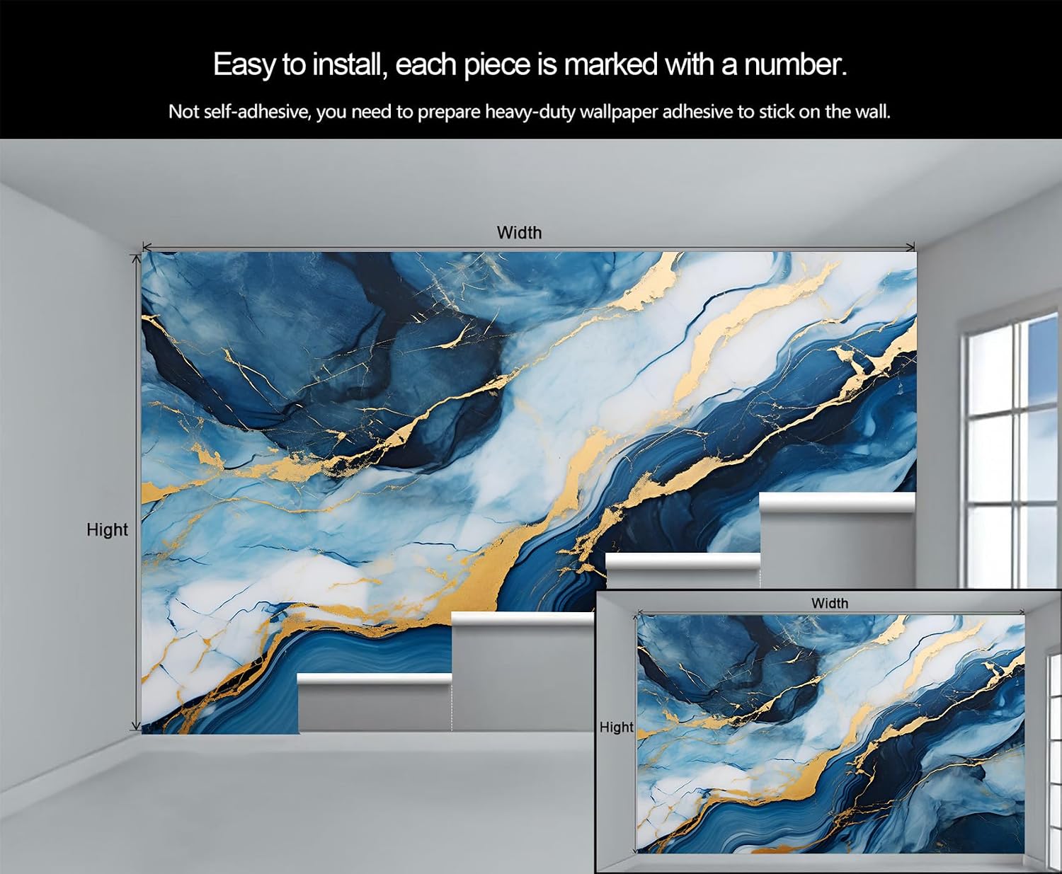 Blue Marble Wall Mural, Gold Texture 3D Wallpaper, Modern Art Mural for Living Room Bedroom Office Corridor - 98.4" W x 68.9" H