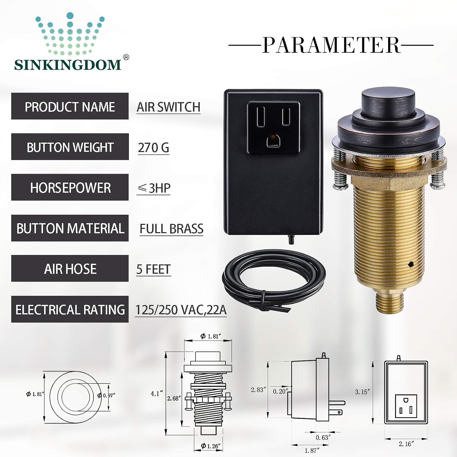 SINKINGDOM SinkTop Air Switch Kit (Long Full Brass Button) for Garbage Disposal, Cordless (Oil Rubbed Bronze)