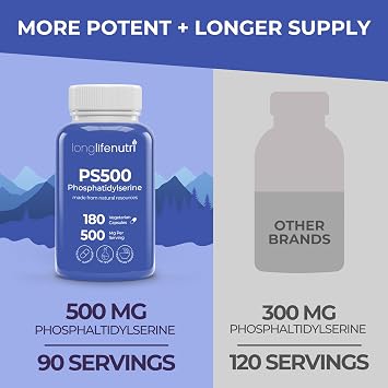 Phosphatidylserine Pure 500mg 180 Vegetarian Pills, 3-Month Supply, Supplement for Strengthening Memory, Focus & Cognitive Function, Made in USA, Lab Tested, Non GMO